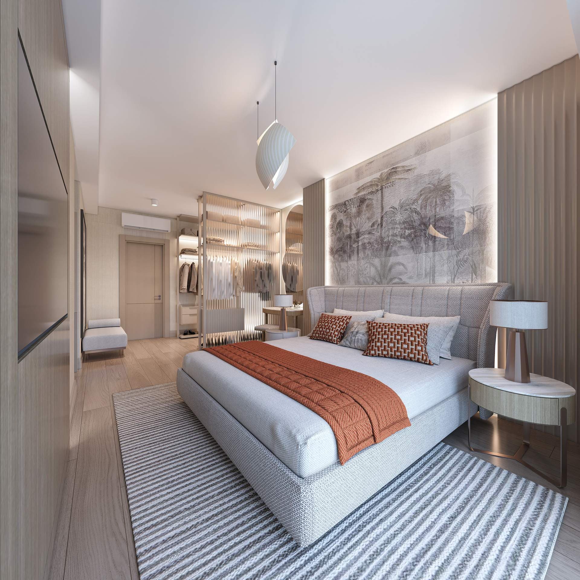 Master bedroom with an upholstered bed and a dressing area