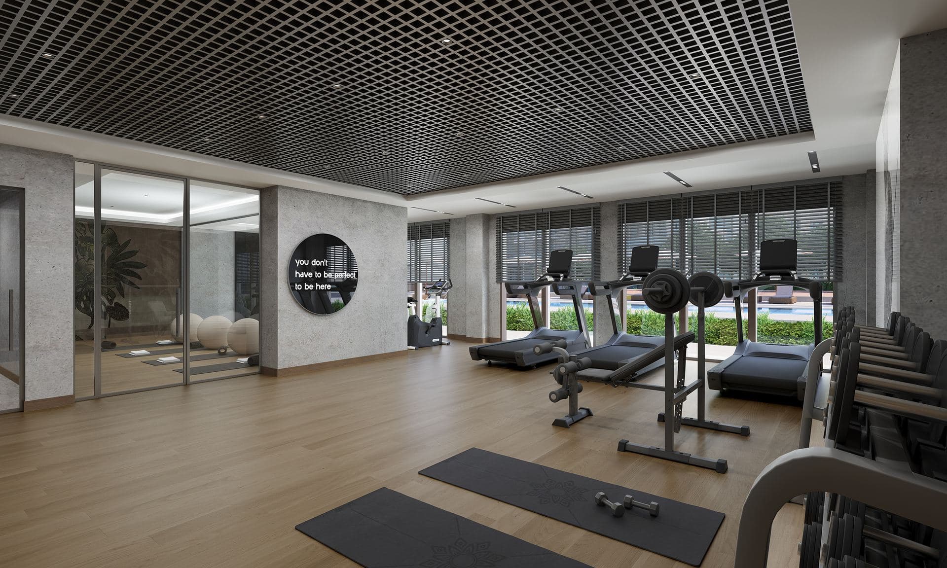 Fitness center with treadmills and free weights