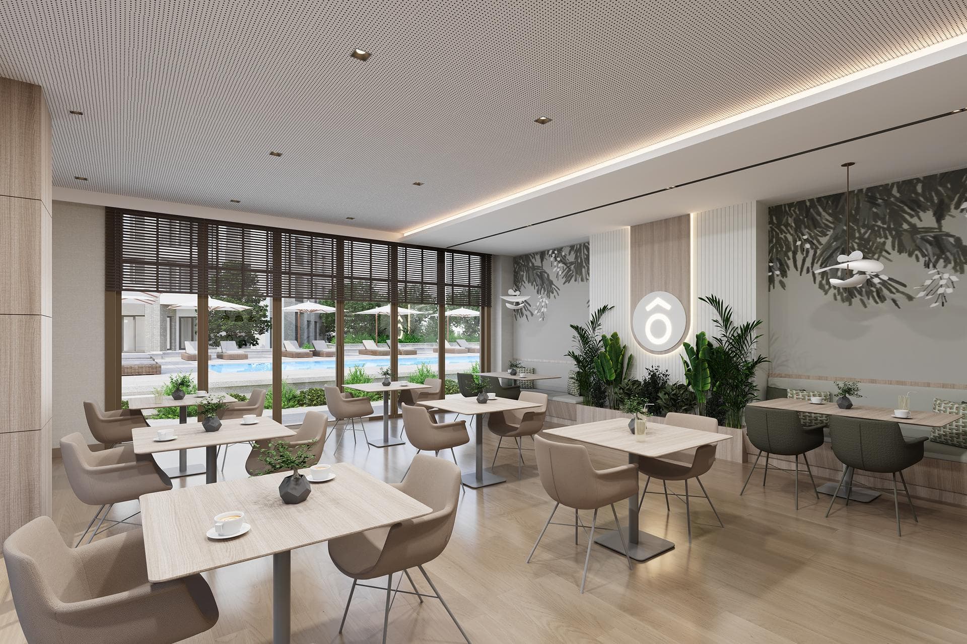 Cafe in the social facility, looking out onto the pool