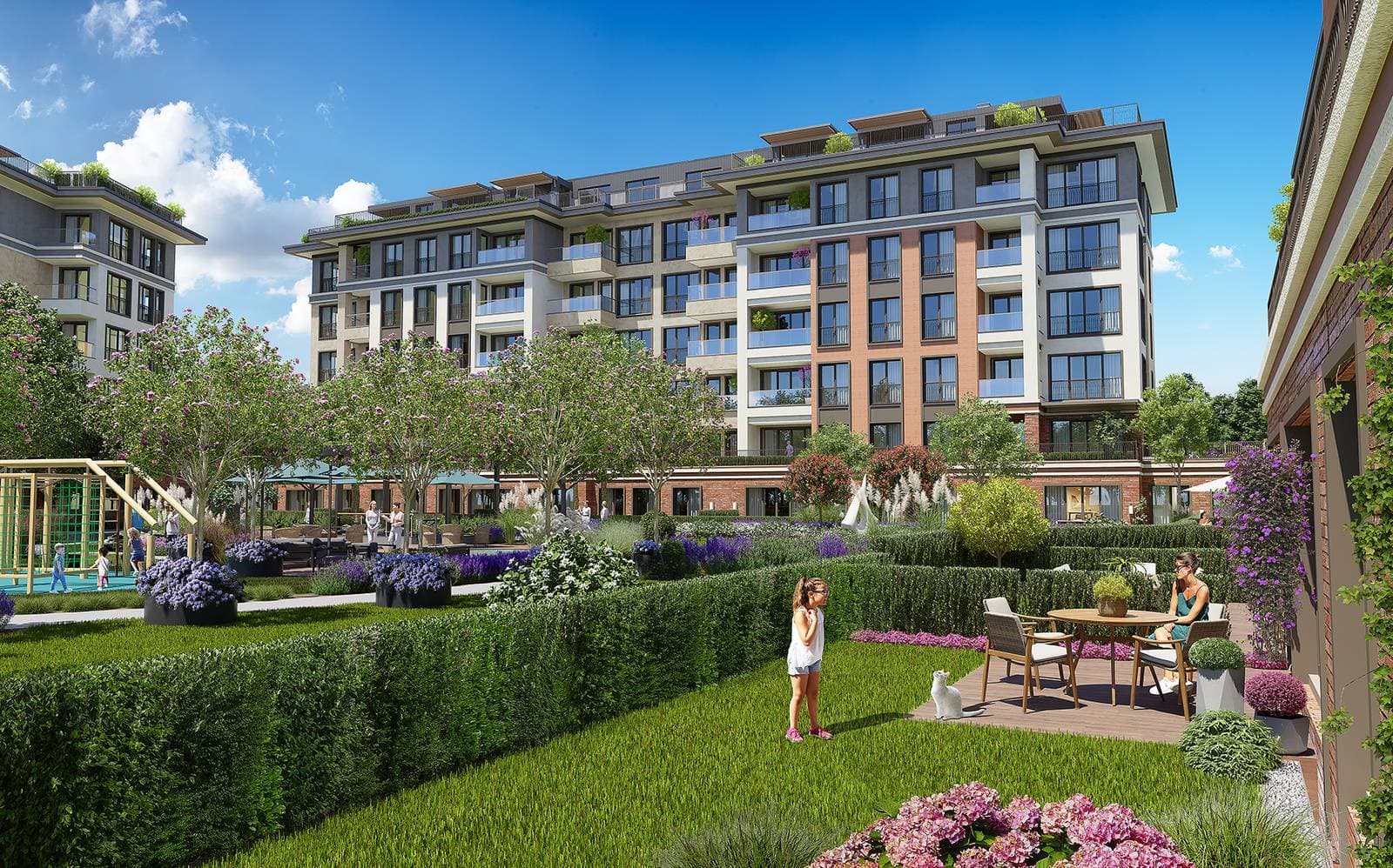 Residential block with garden terraces, a lawn and a playground