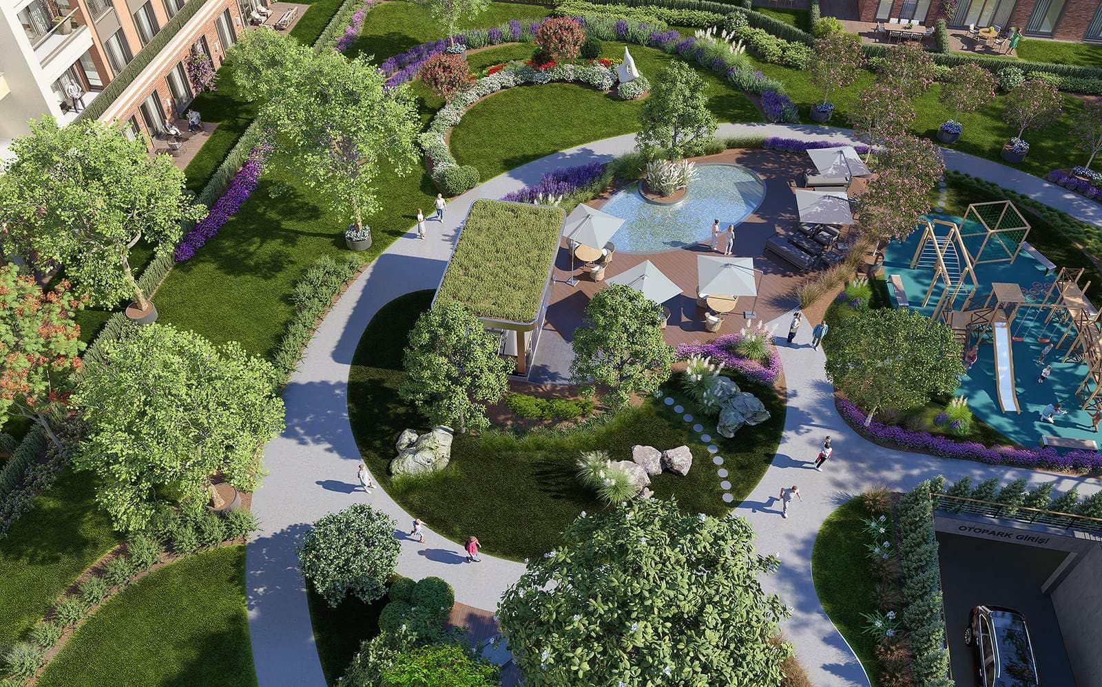 Central garden seen from above, with a children's playground and winding paths