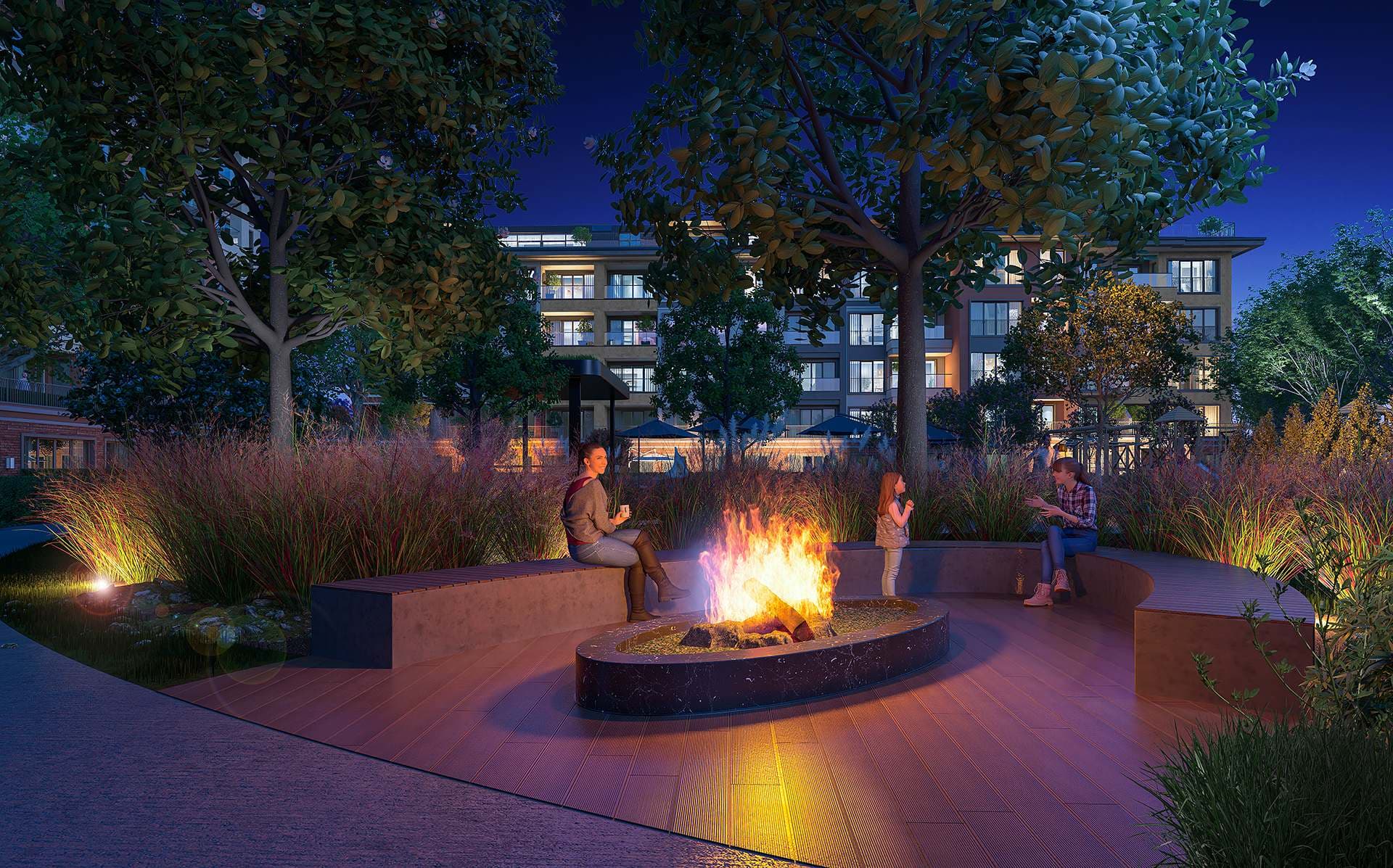Fire pit seating area in the garden at dusk