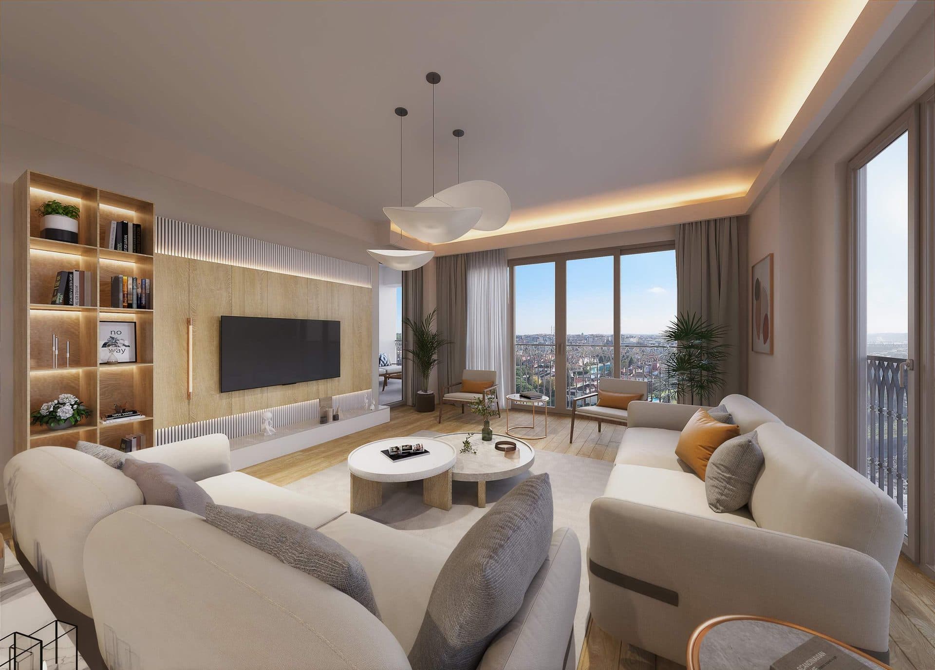Living room with a corner sofa, TV wall and shelving