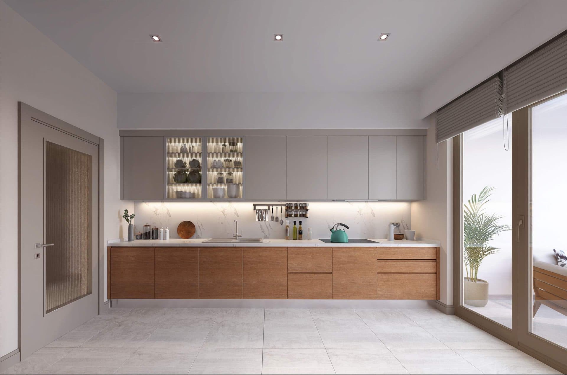 Kitchen with wooden lower cabinets and a balcony door