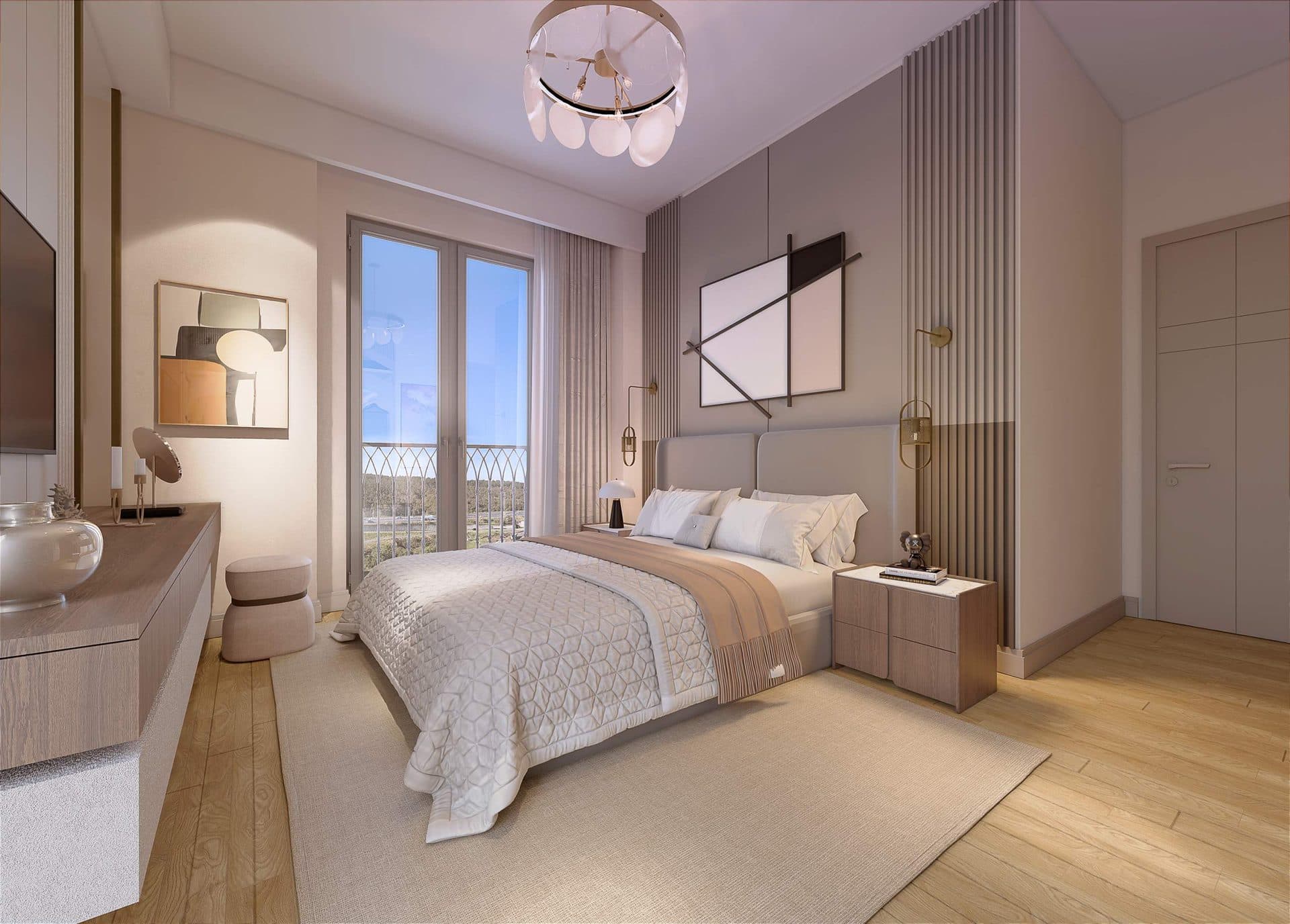Main bedroom with a double bed and French windows