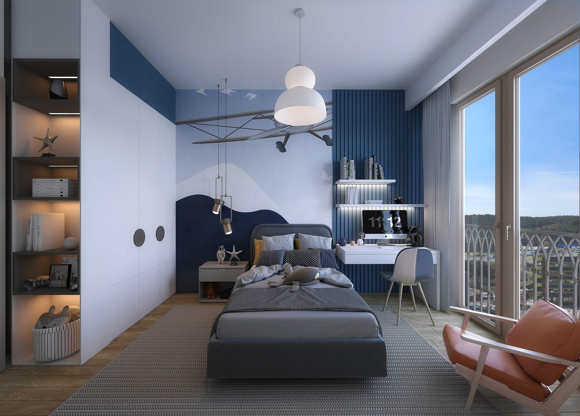 Child's bedroom with a desk and a balcony door