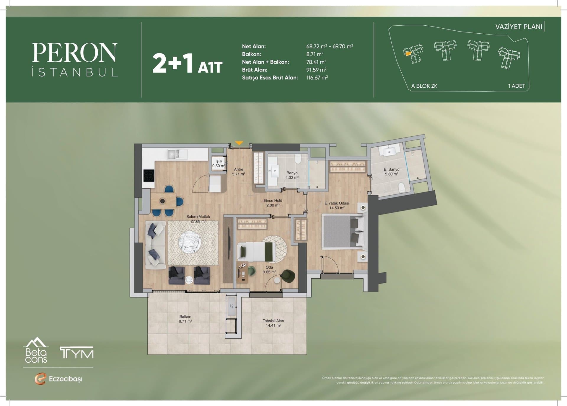 پروژه Peron Istanbul – پلان 2+1 Type A1T, Ground Floor with Terrace