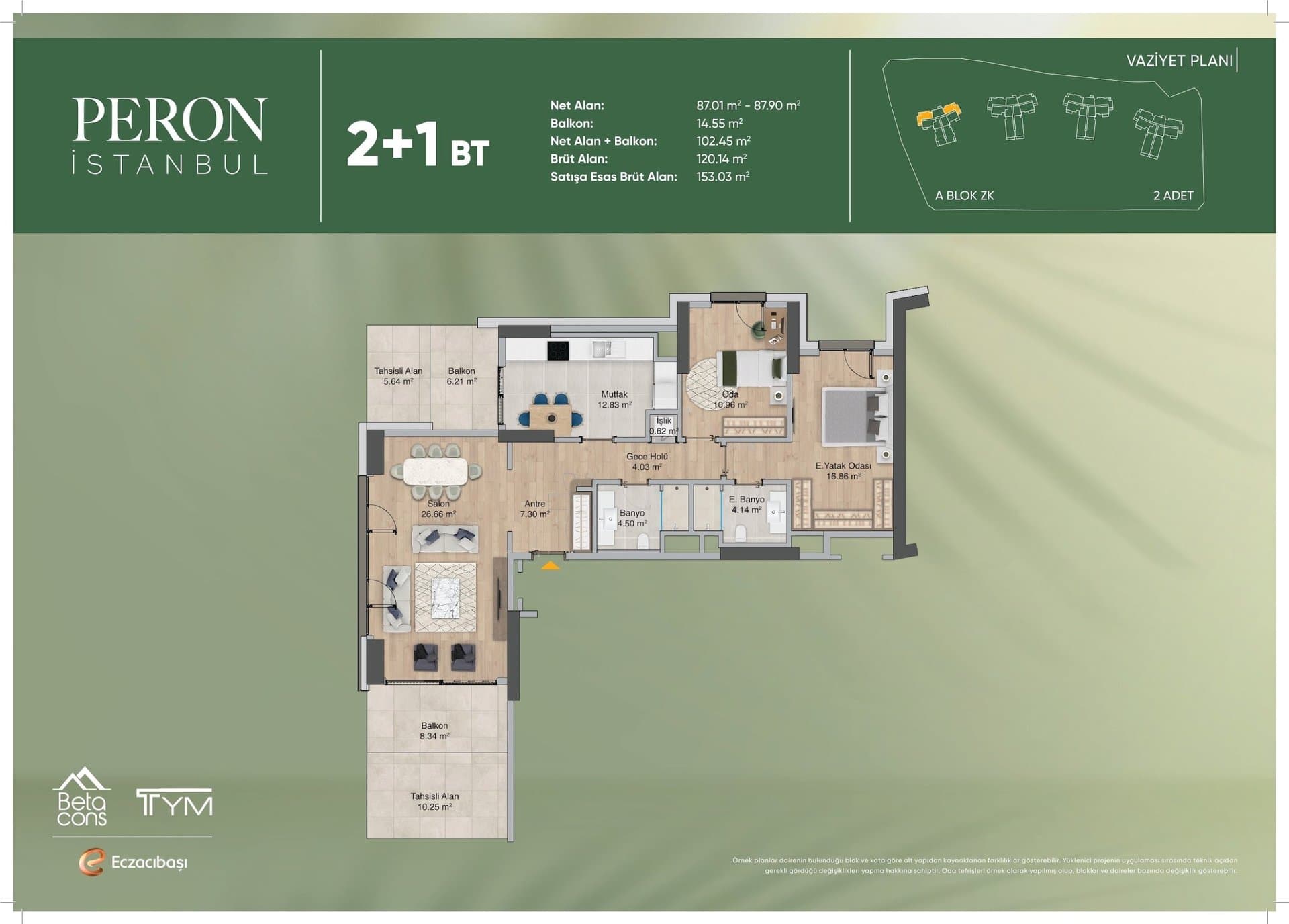 پروژه Peron Istanbul – پلان 2+1 Type BT, Ground Floor with Terraces