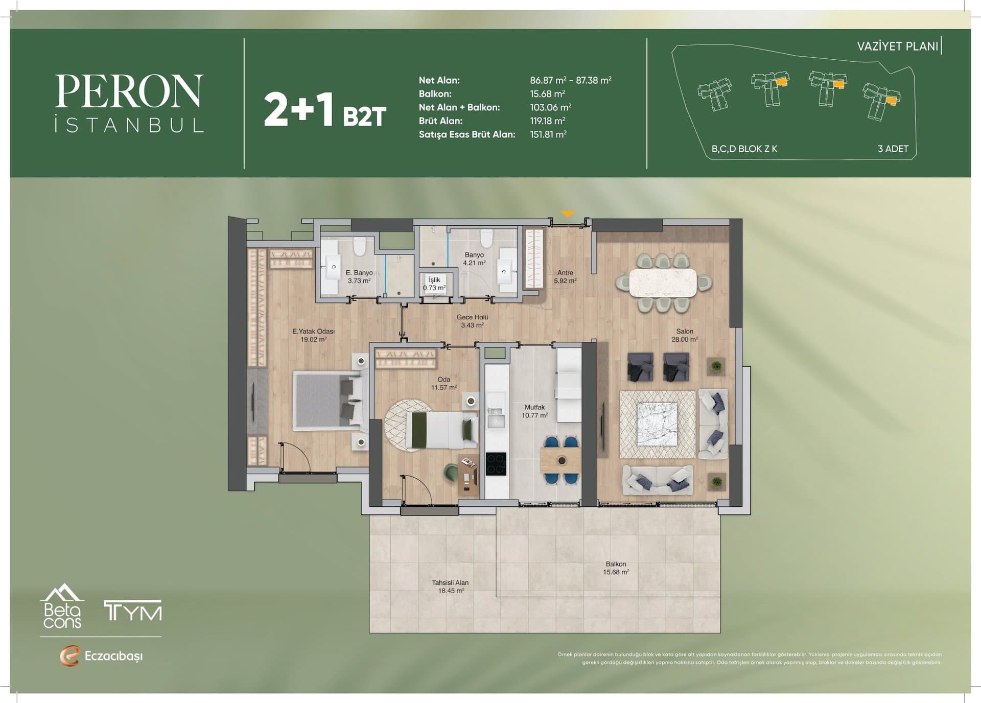 پروژه Peron Istanbul – پلان 2+1 Type B2T, Ground Floor with Terrace