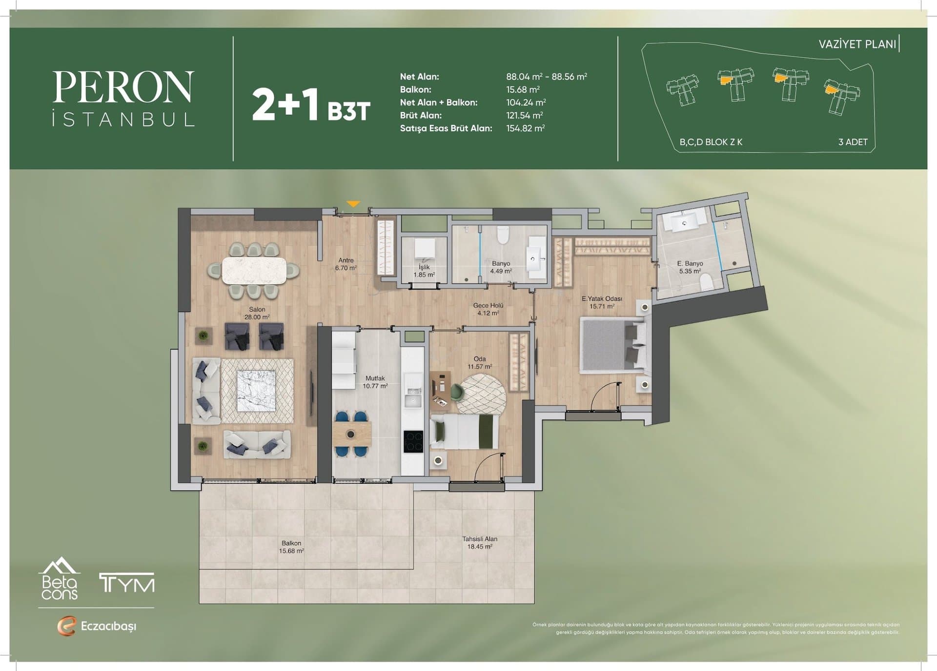 پروژه Peron Istanbul – پلان 2+1 Type B3T, Ground Floor with Terrace