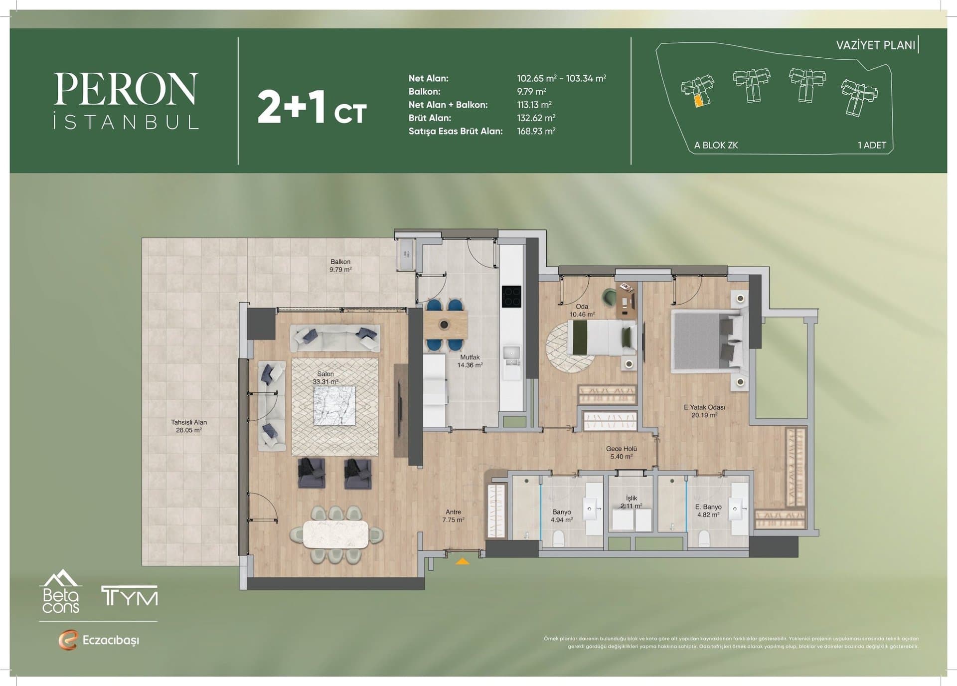 پروژه Peron Istanbul – پلان 2+1 Type CT, Ground Floor with Terrace