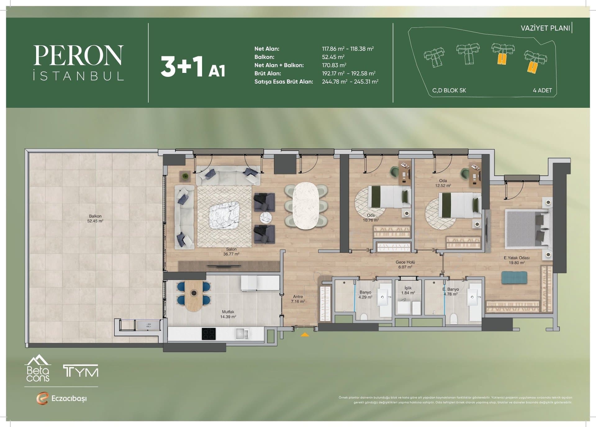پروژه Peron Istanbul – پلان 3+1 Type A1 with Large Terrace