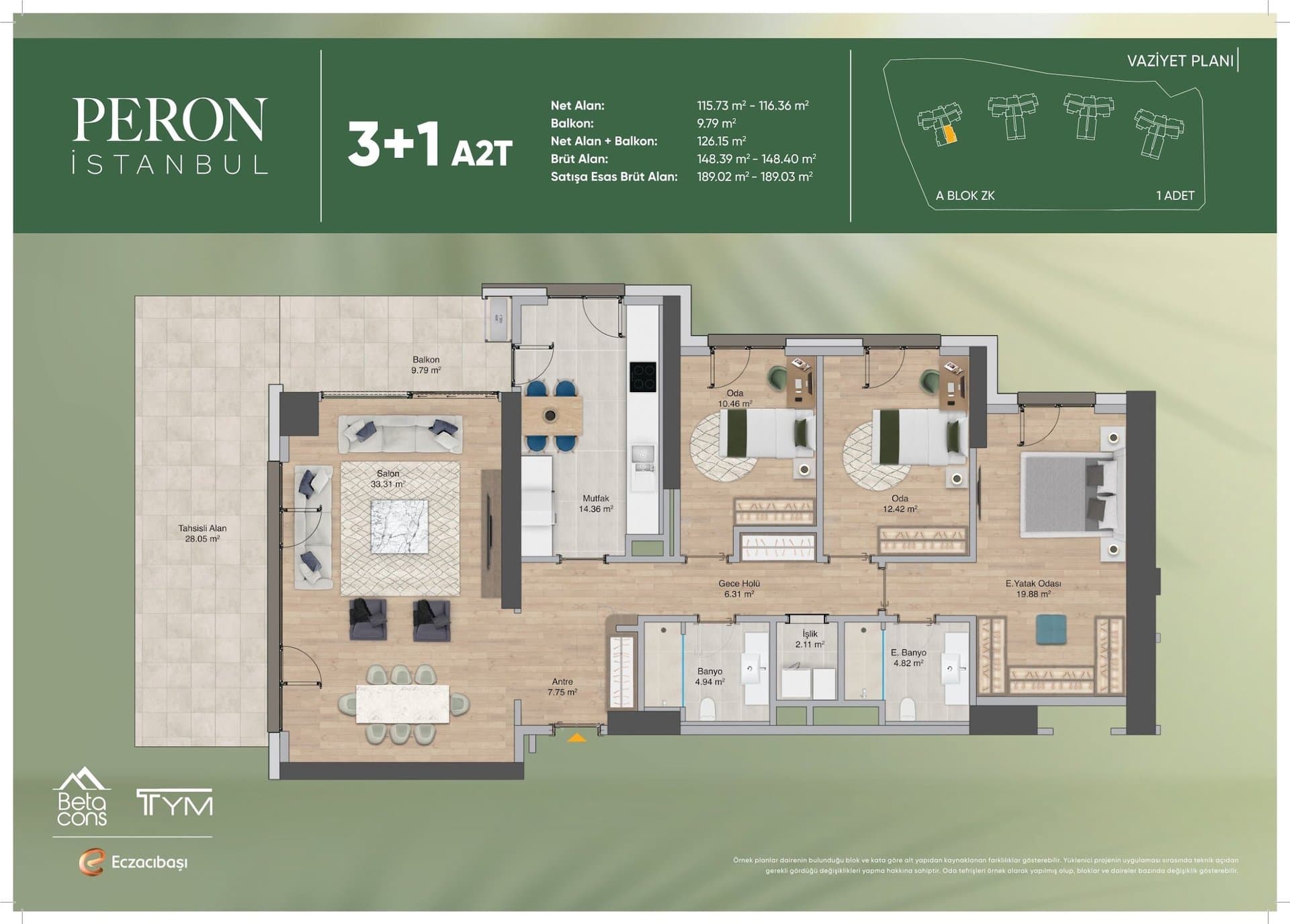 پروژه Peron Istanbul – پلان 3+1 Type A2T, Ground Floor with Terrace