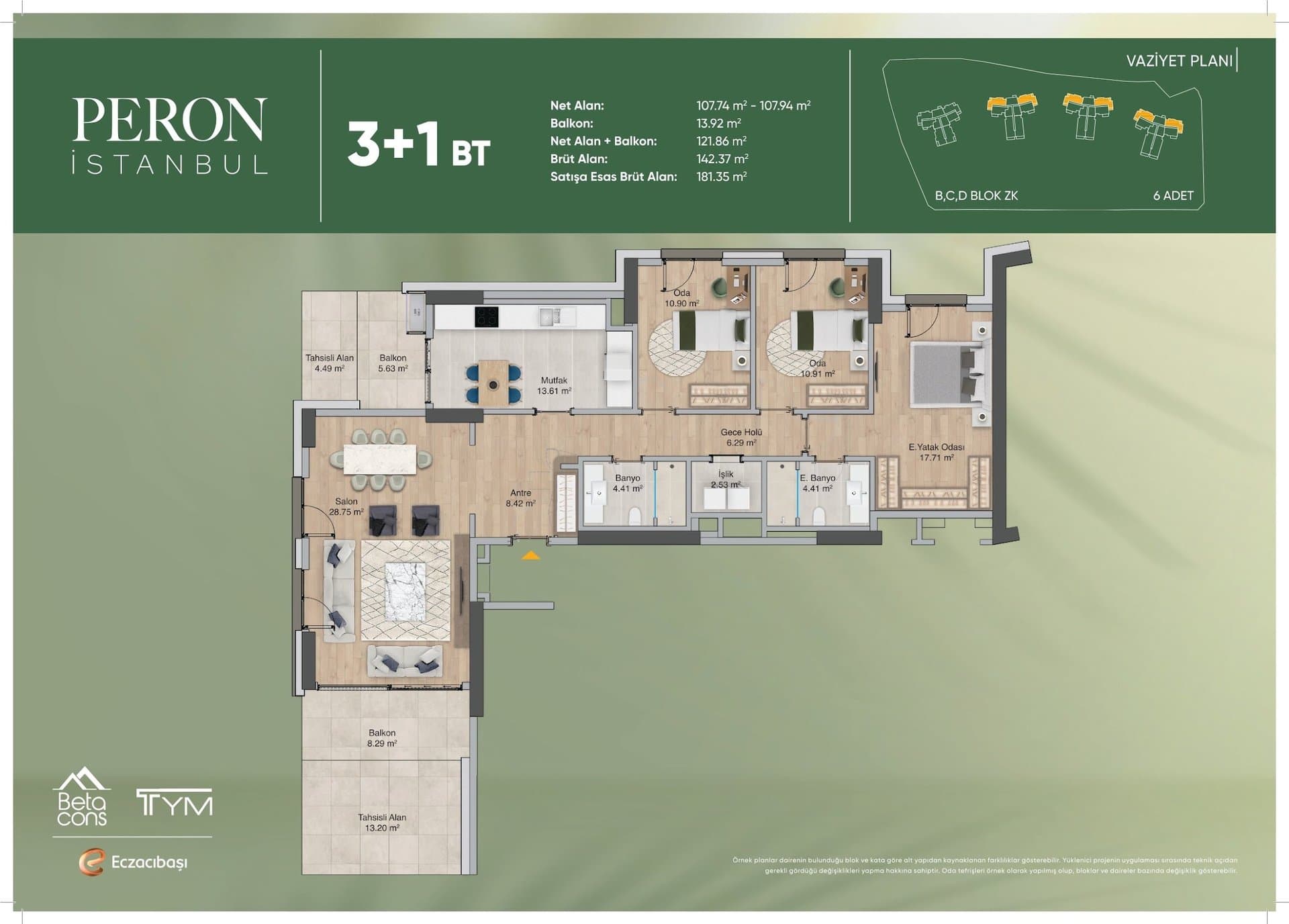 پروژه Peron Istanbul – پلان 3+1 Type BT, Ground Floor with Terraces