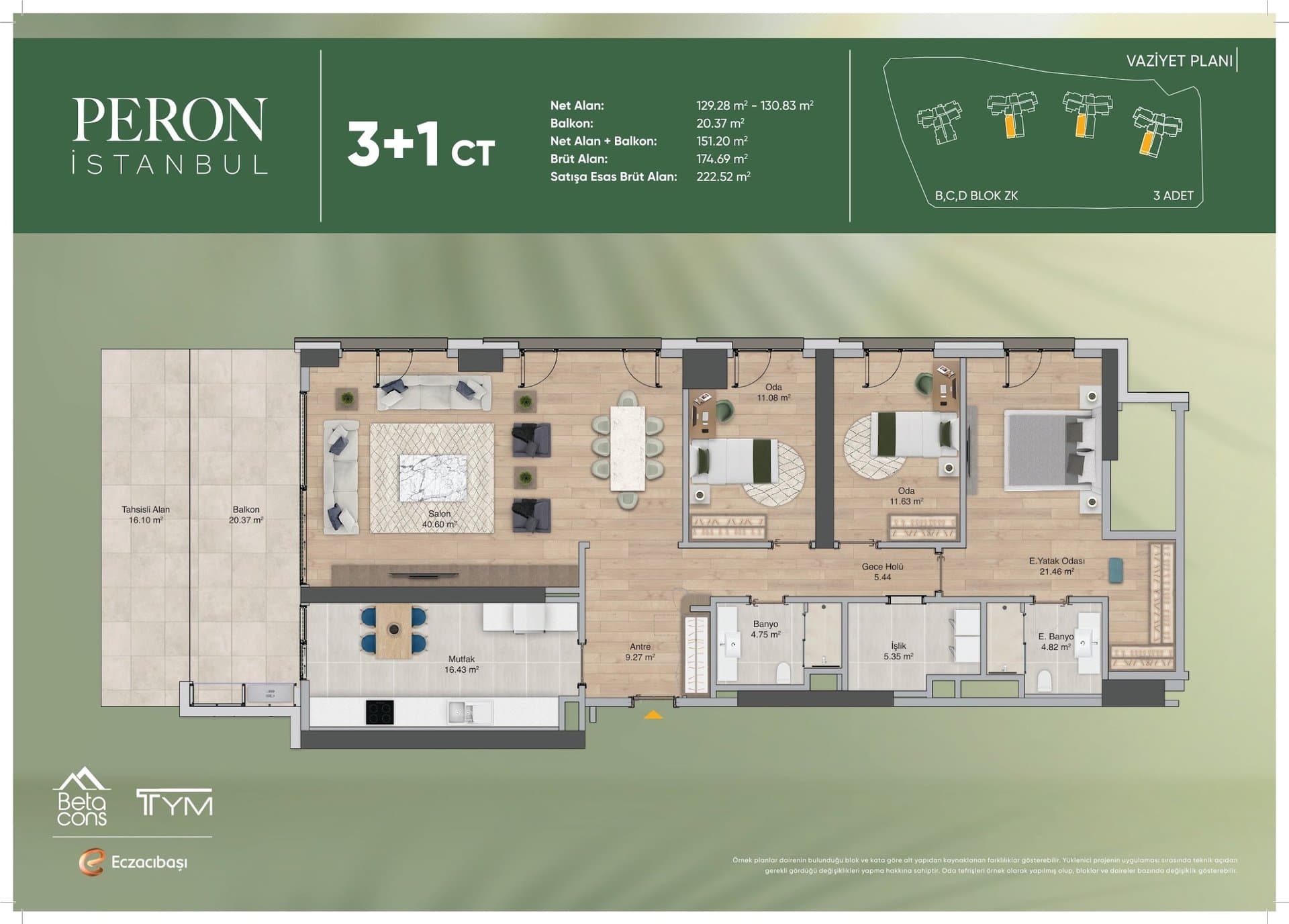 پروژه Peron Istanbul – پلان 3+1 Type CT, Ground Floor with Terrace