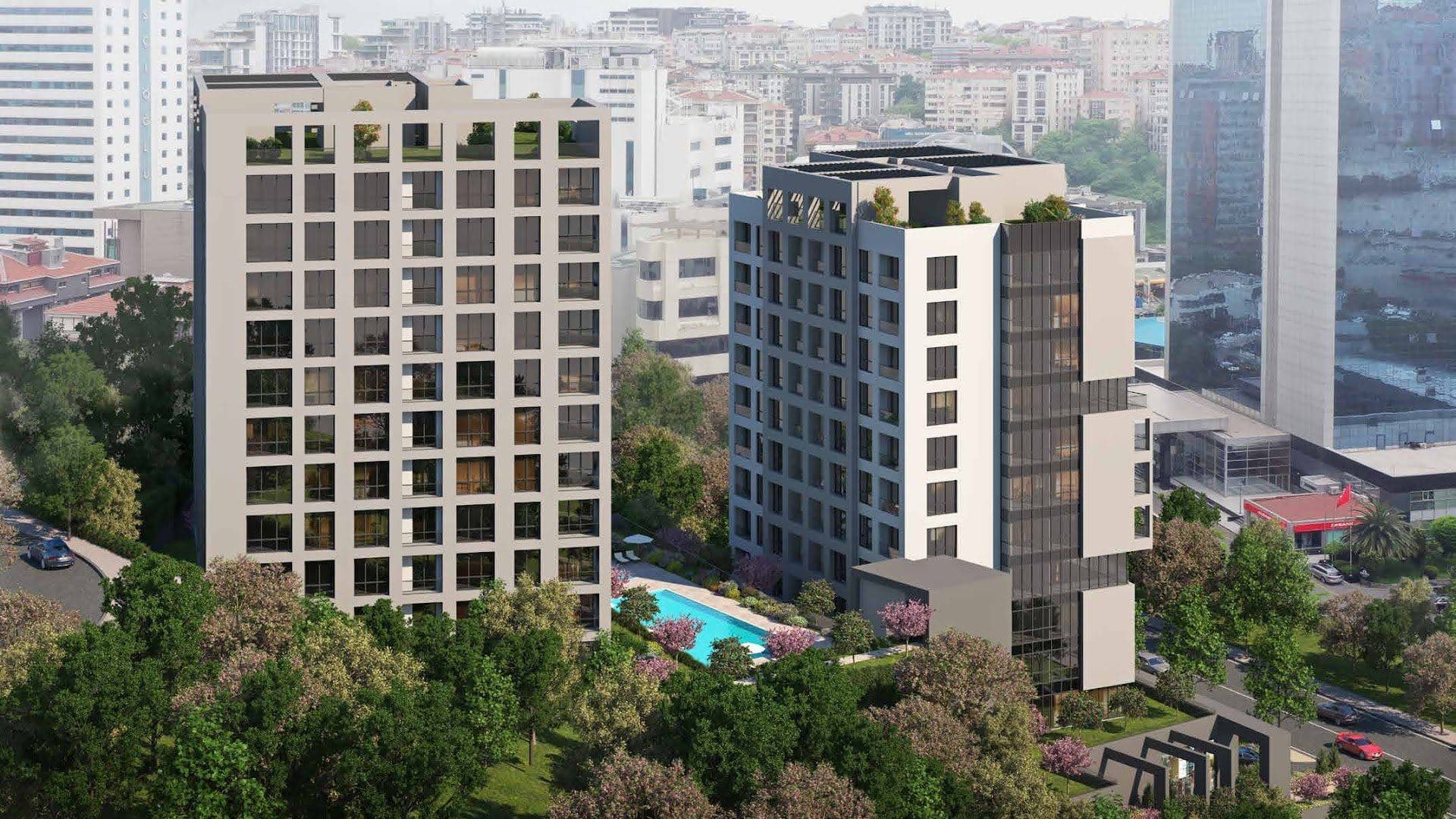 The two blocks and the pool from above, with office towers and apartment buildings behind