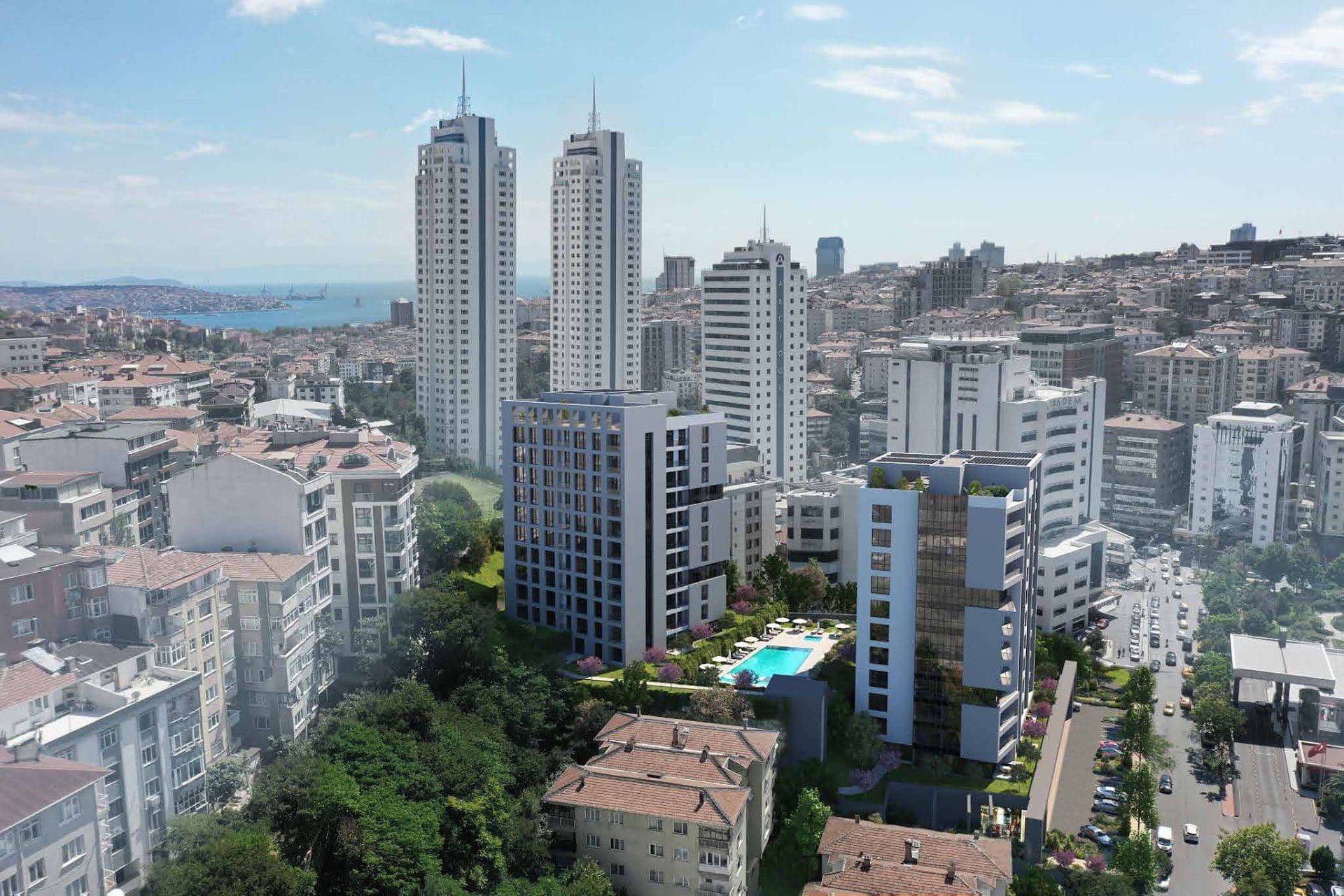 Aerial view of the project among the apartment buildings of Fulya, with high-rise towers and a glimpse of the sea in the distance
