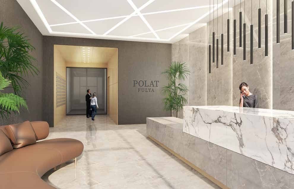 Entrance lobby with a marble reception desk, a curved sofa and the Polat Fulya sign beside the elevators