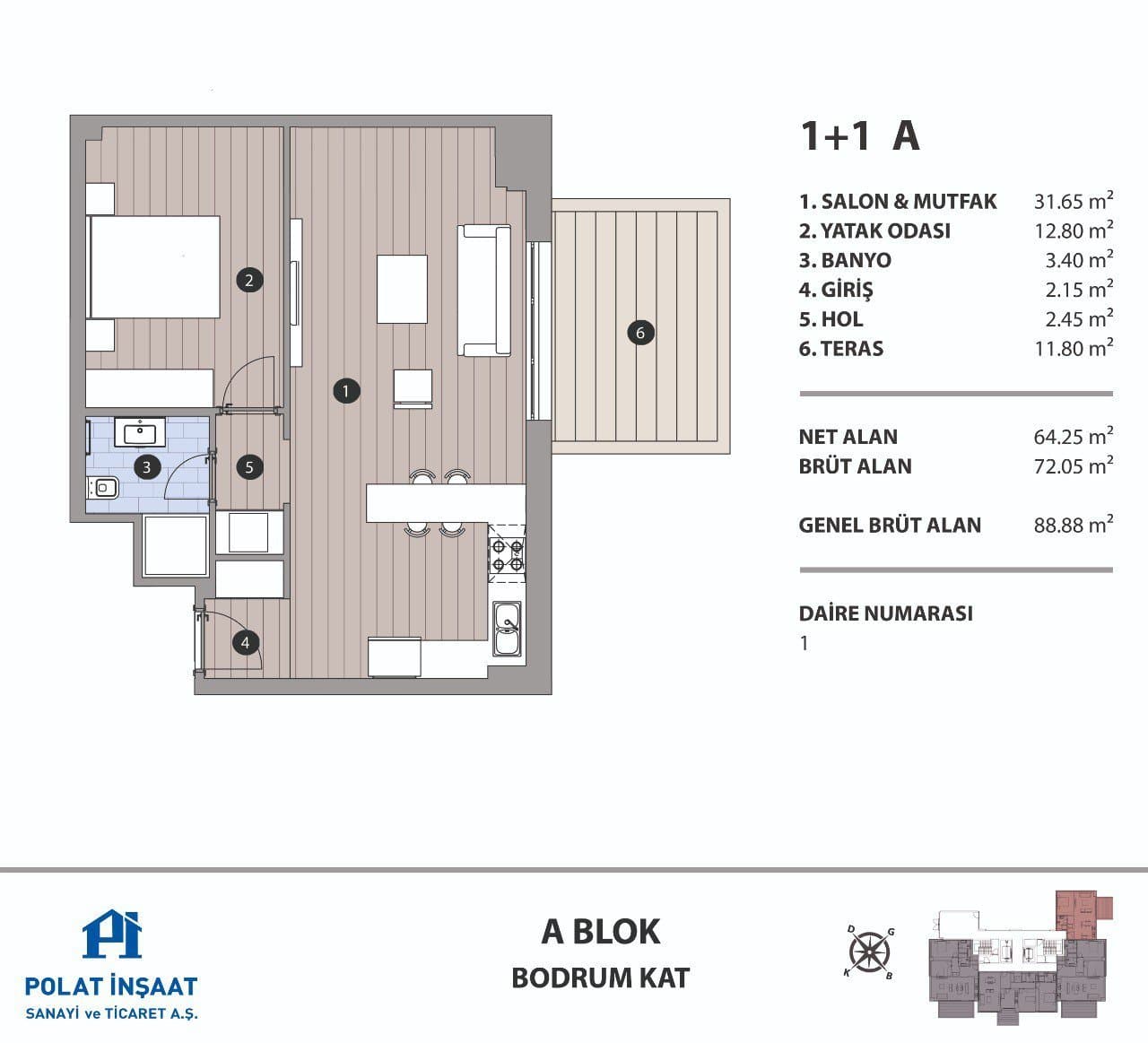 Polat Fulya Project – 1+1 Type A with Terrace, Block A floor plan