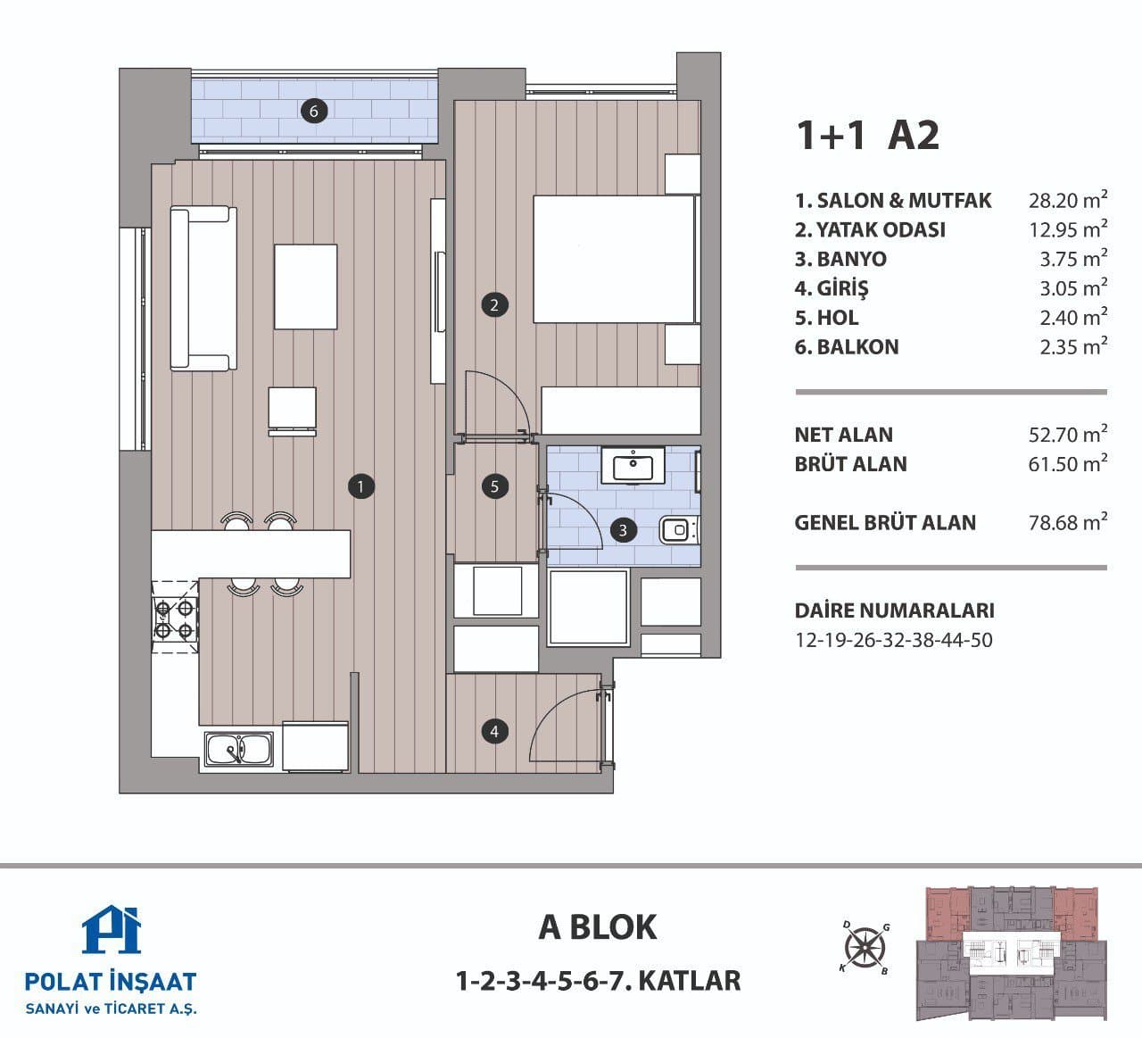 Polat Fulya Project – 1+1 Type A2, Block A floor plan