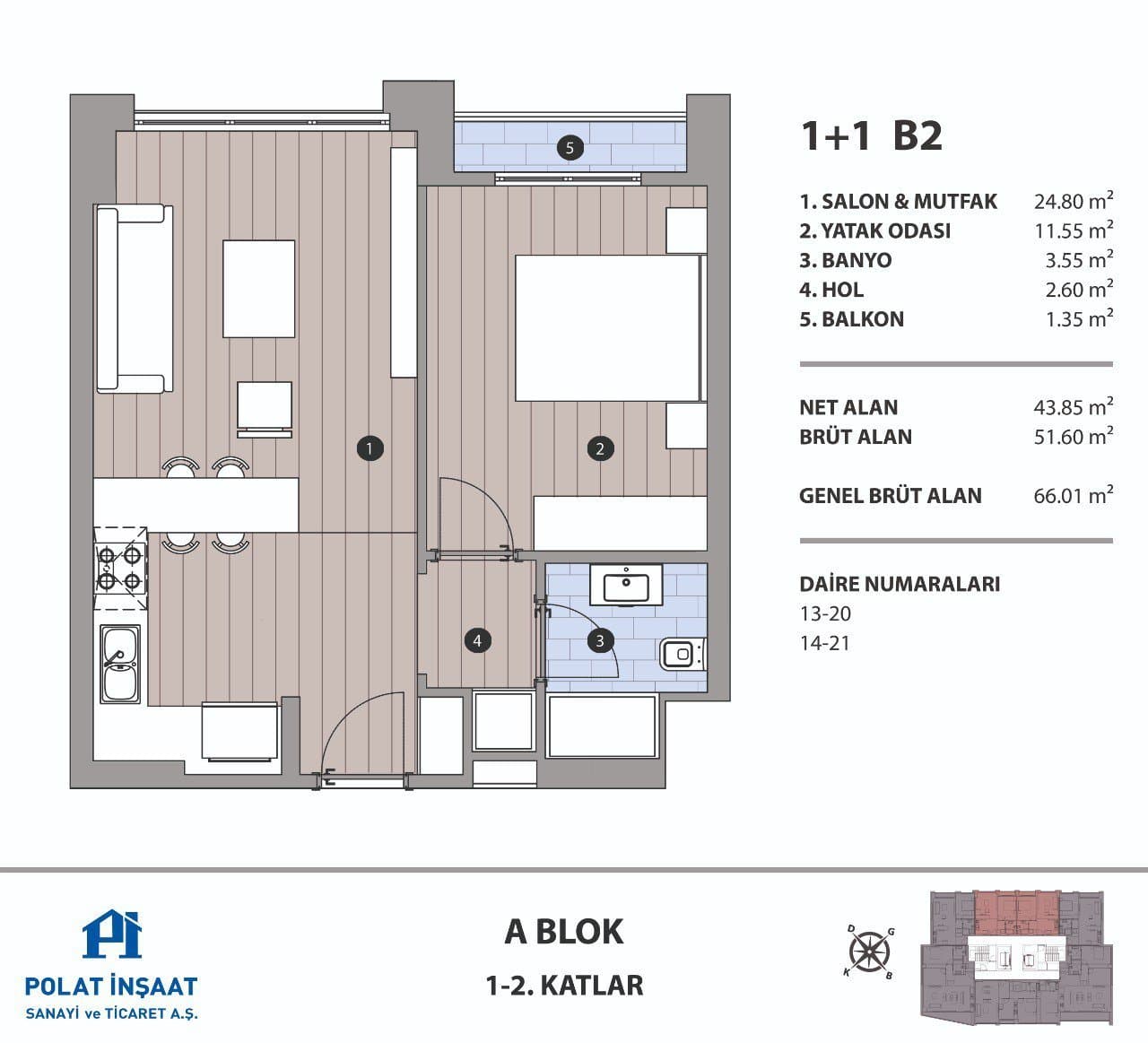Polat Fulya Project – 1+1 Type B2, Block A floor plan