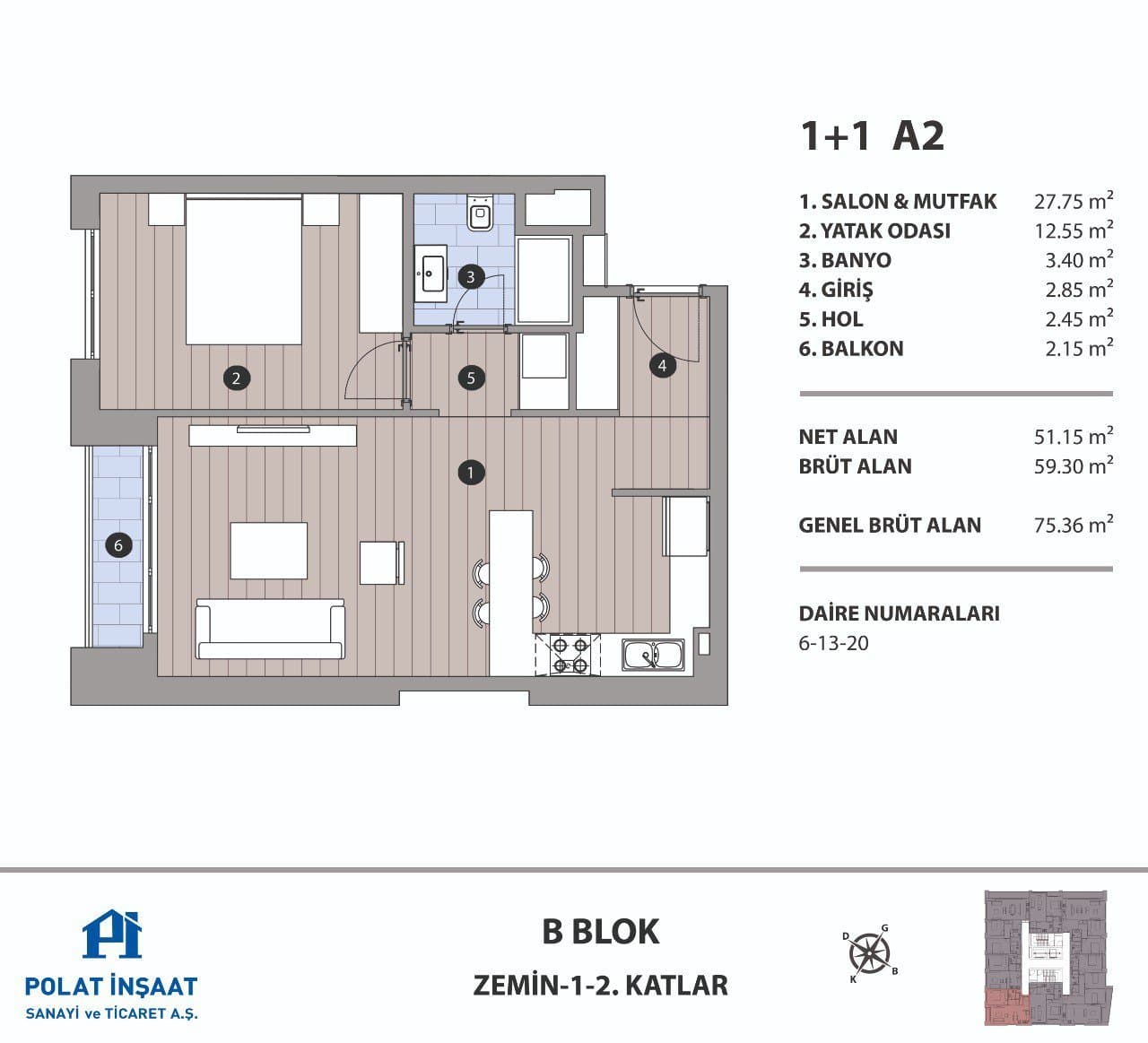 Polat Fulya Project – 1+1 Type A2, Block B floor plan