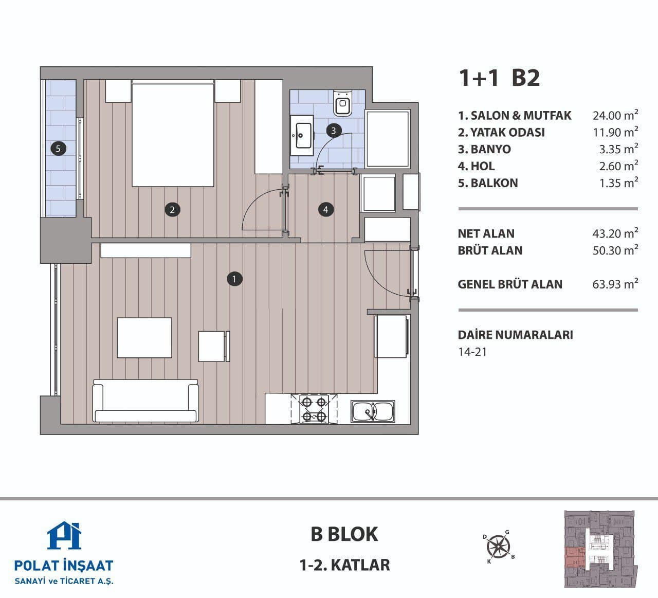 Polat Fulya Project – 1+1 Type B2, Block B floor plan
