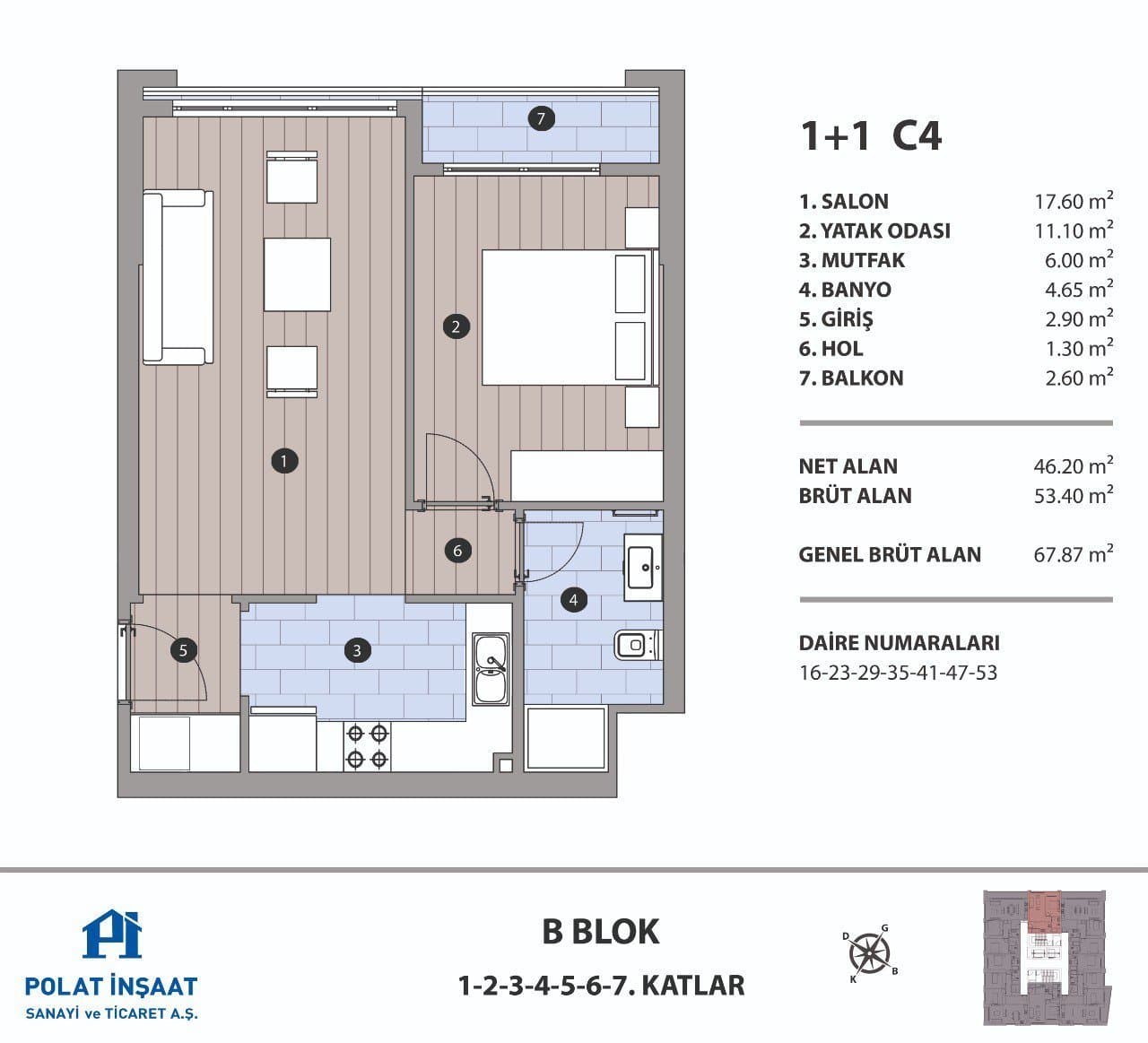 Polat Fulya Project – 1+1 Type C4, Block B floor plan