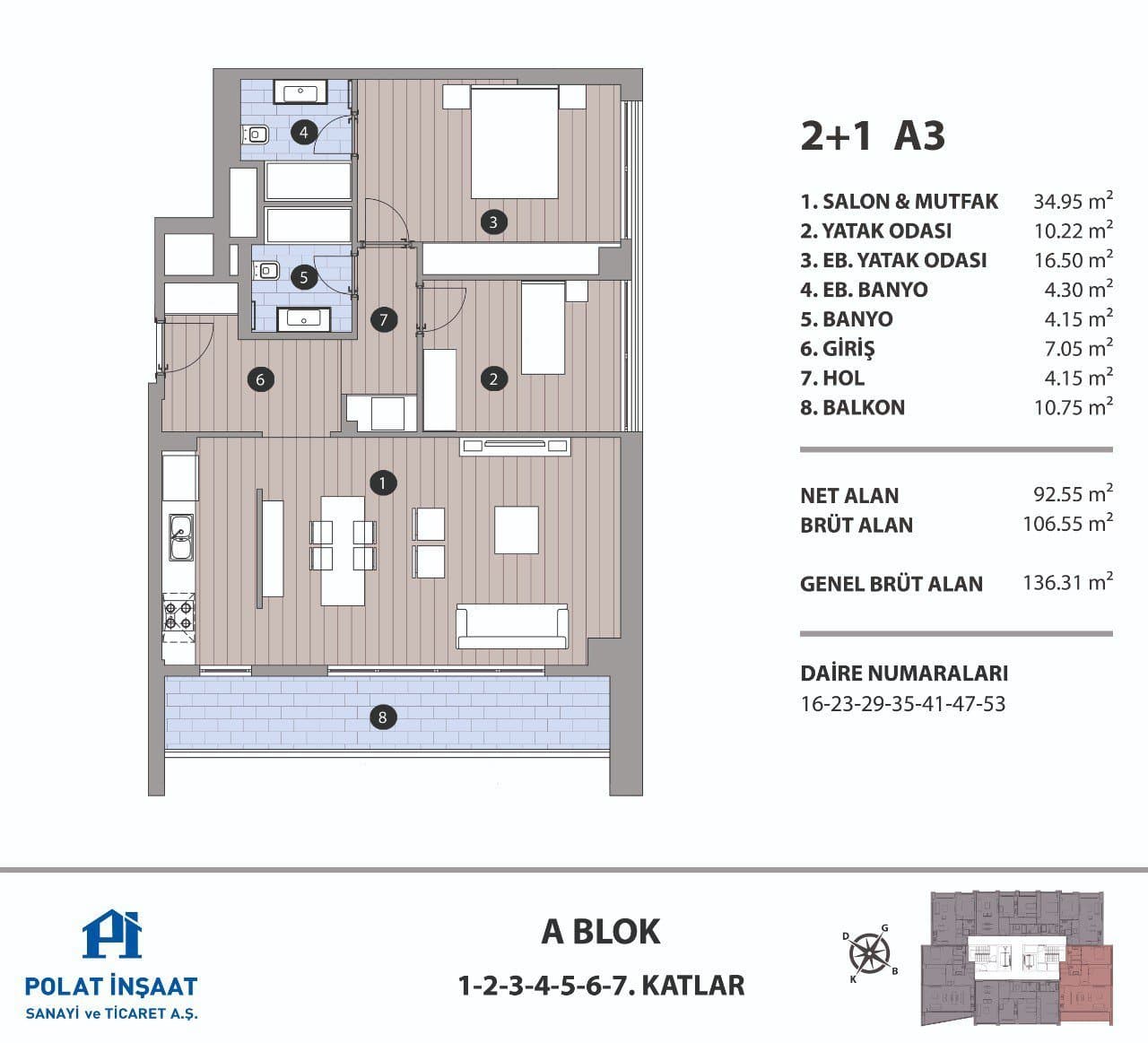 Polat Fulya Project – 2+1 Type A3, Block A floor plan