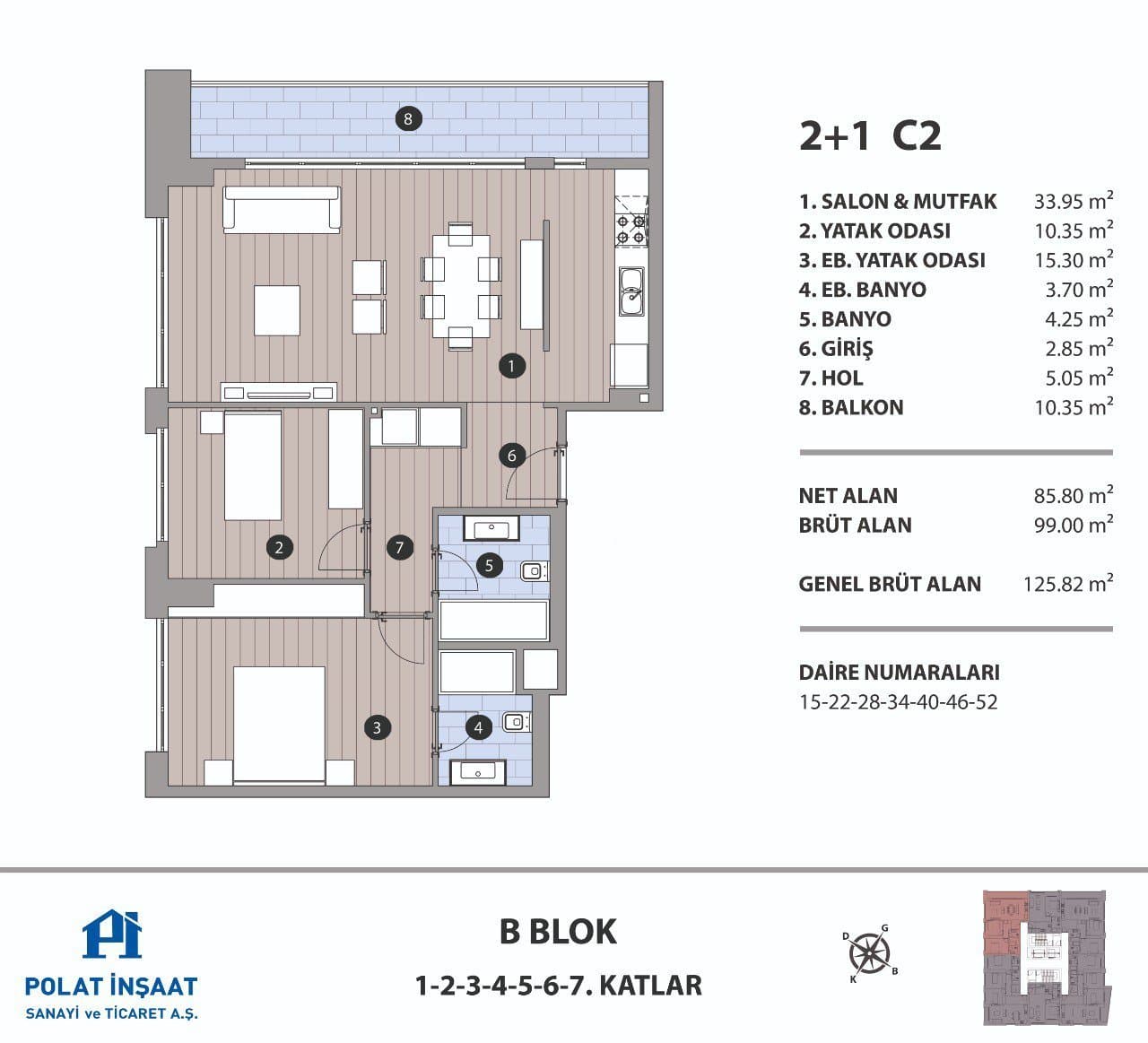 Polat Fulya Project – 2+1 Type C2, Block B floor plan