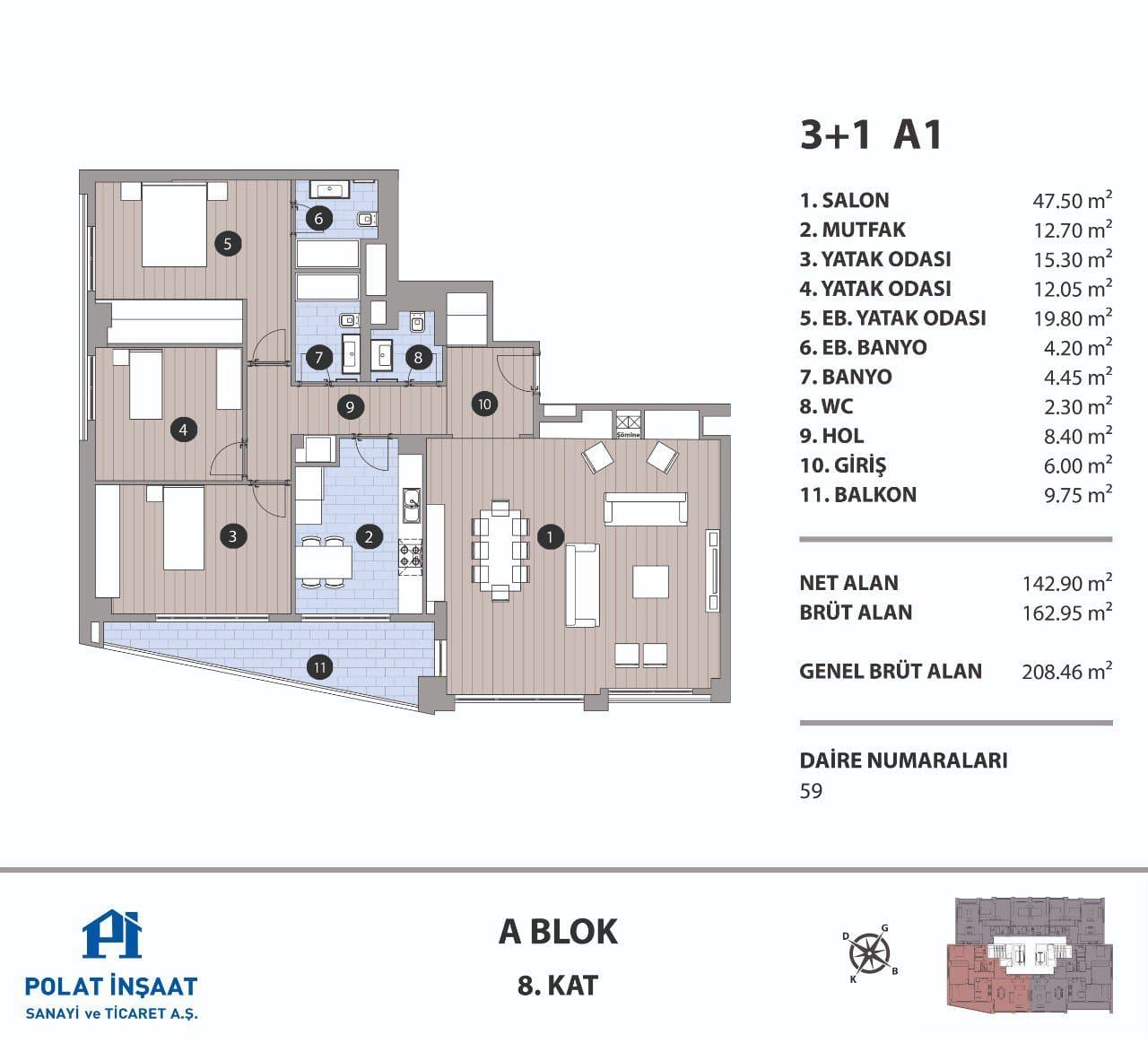 Polat Fulya Project – 3+1 Type A1, Block A floor plan