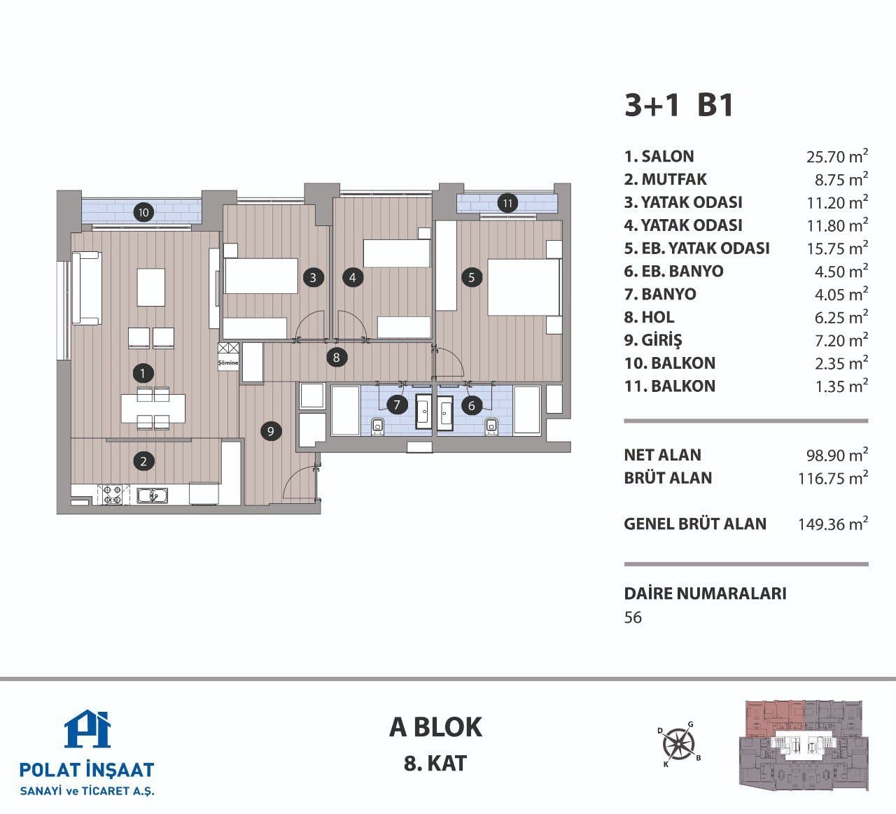 Polat Fulya Project – 3+1 Type B1, Block A floor plan