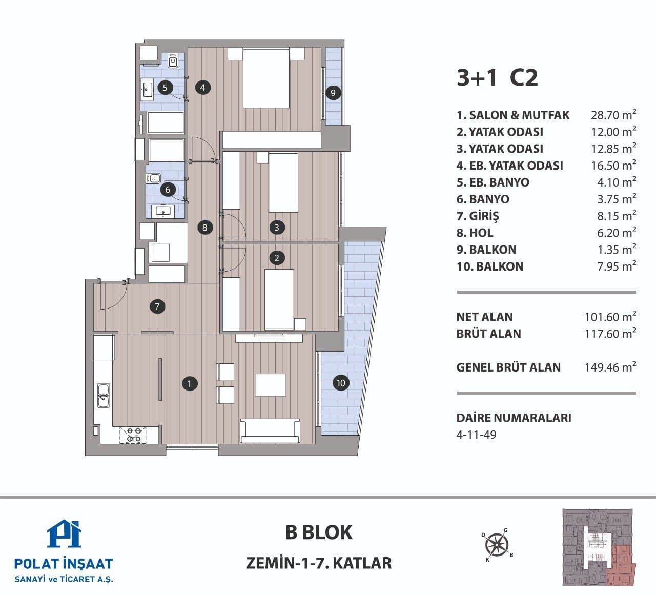 Polat Fulya Project – 3+1 Type C2, Block B floor plan