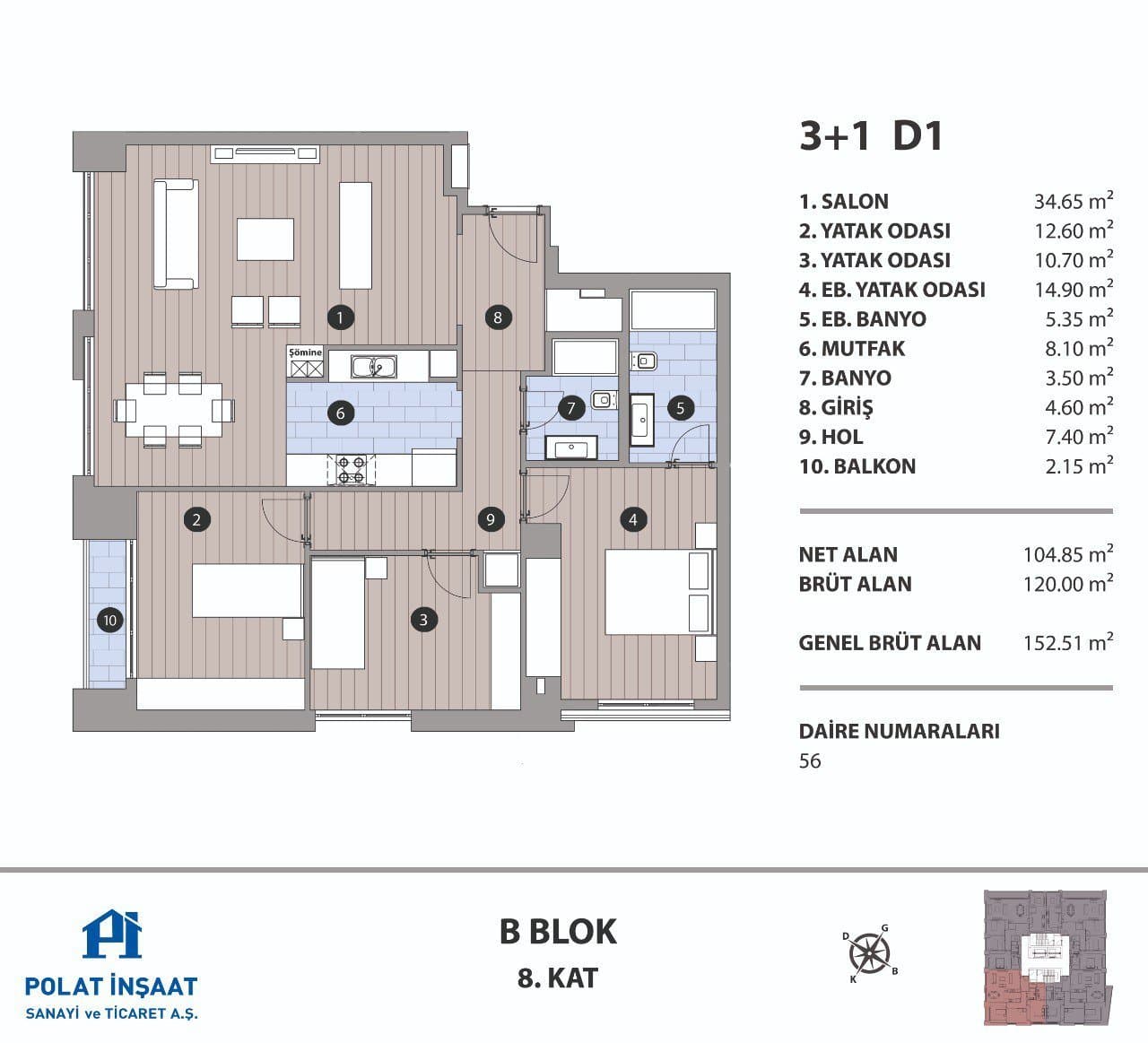 Polat Fulya Project – 3+1 Type D1, Block B floor plan