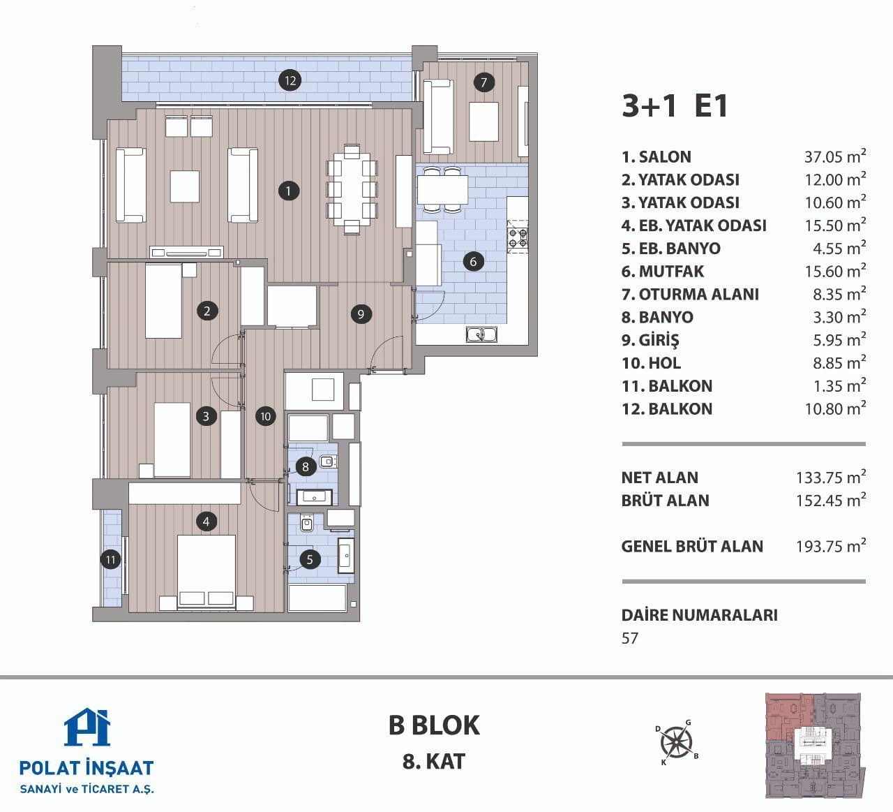 Polat Fulya Project – 3+1 Type E1, Block B floor plan