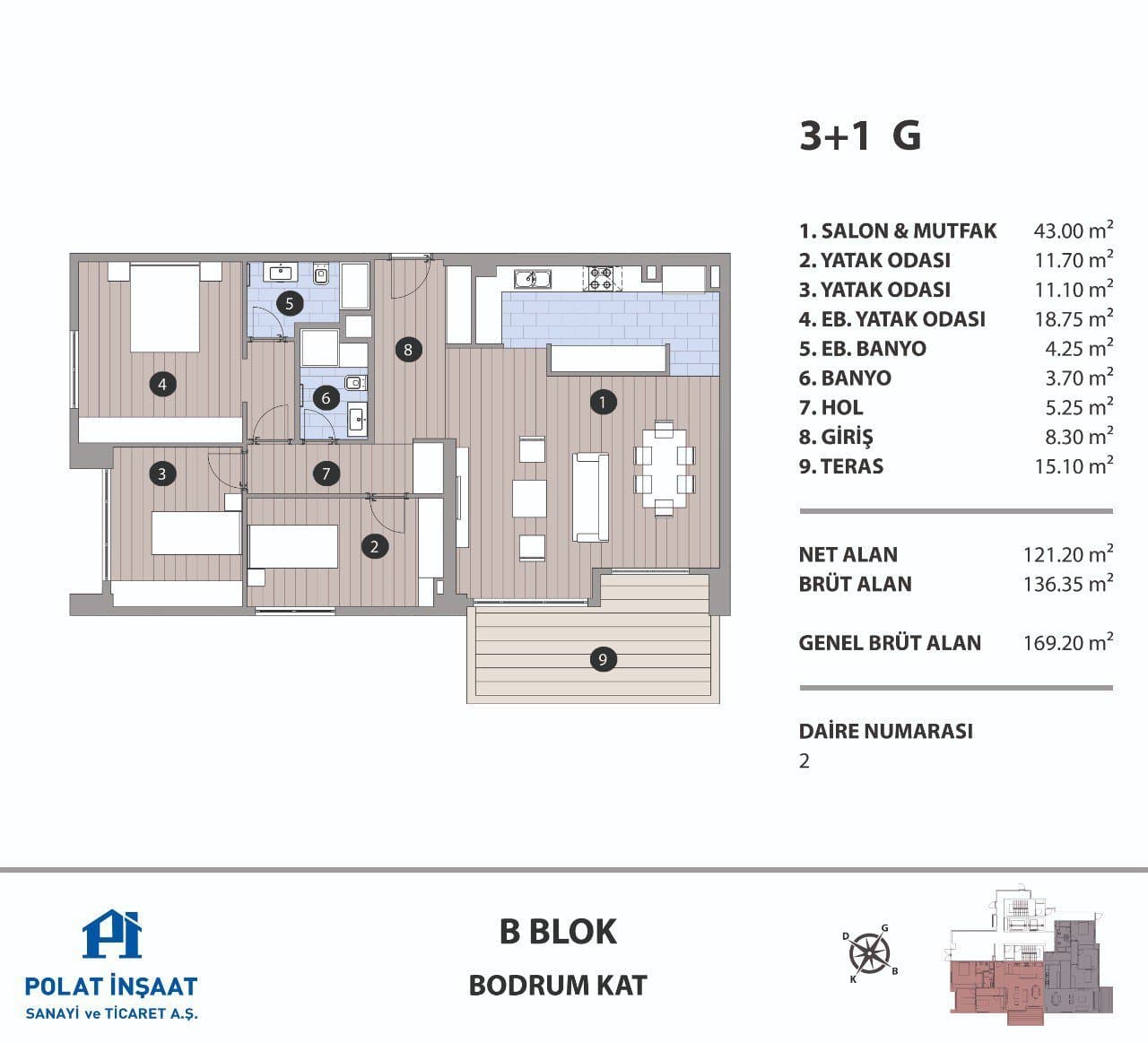 Polat Fulya Project – 3+1 Type G with Terrace, Block B floor plan