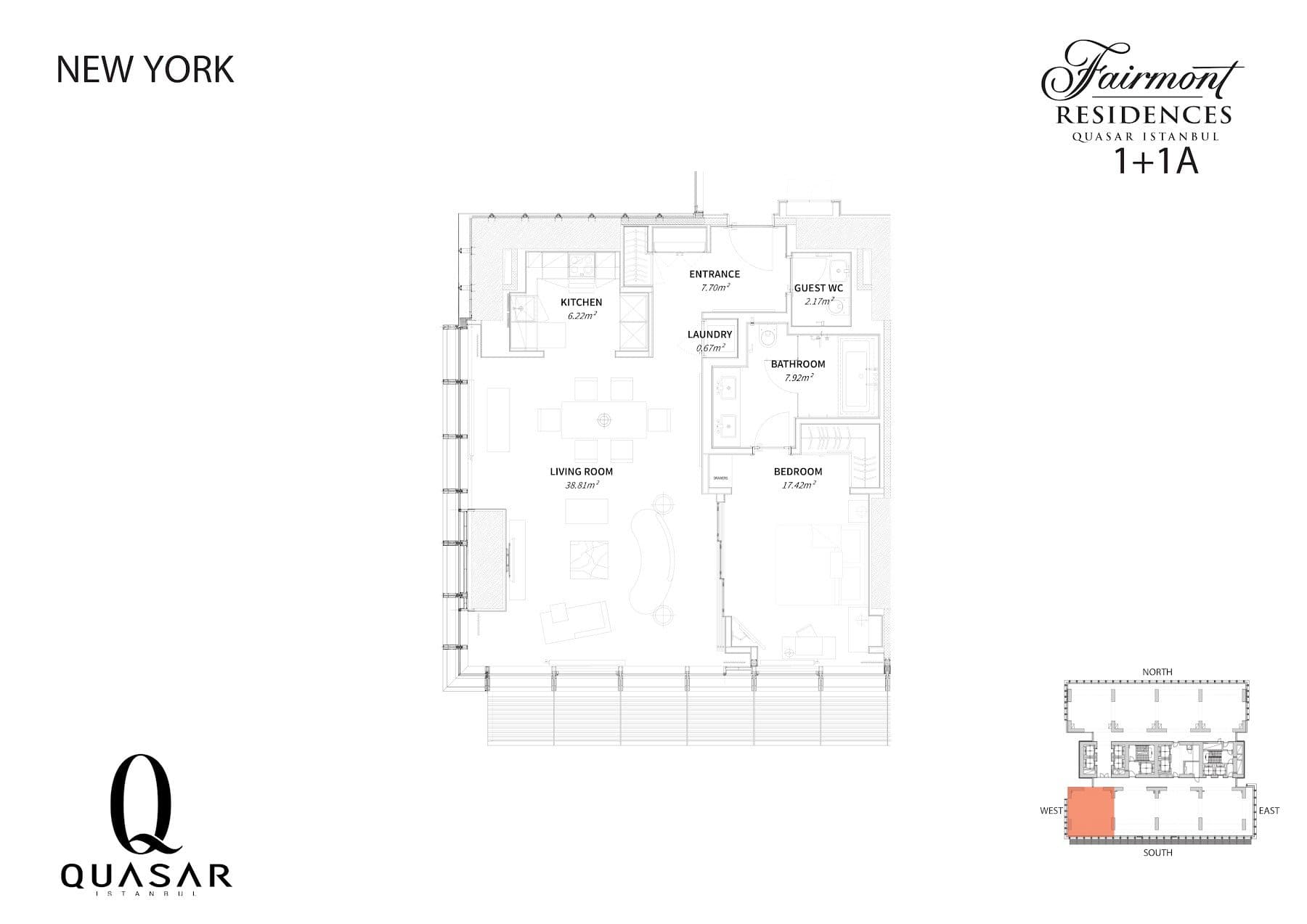 پروژه Fairmont Residences Quasar Istanbul – پلان 1+1 Type A, New York style