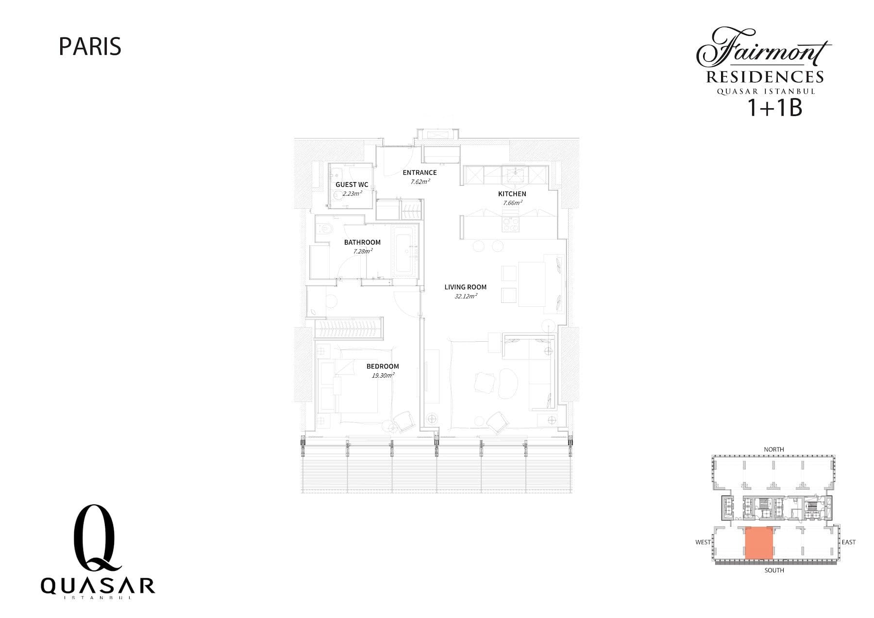 پروژه Fairmont Residences Quasar Istanbul – پلان 1+1 Type B, Paris style