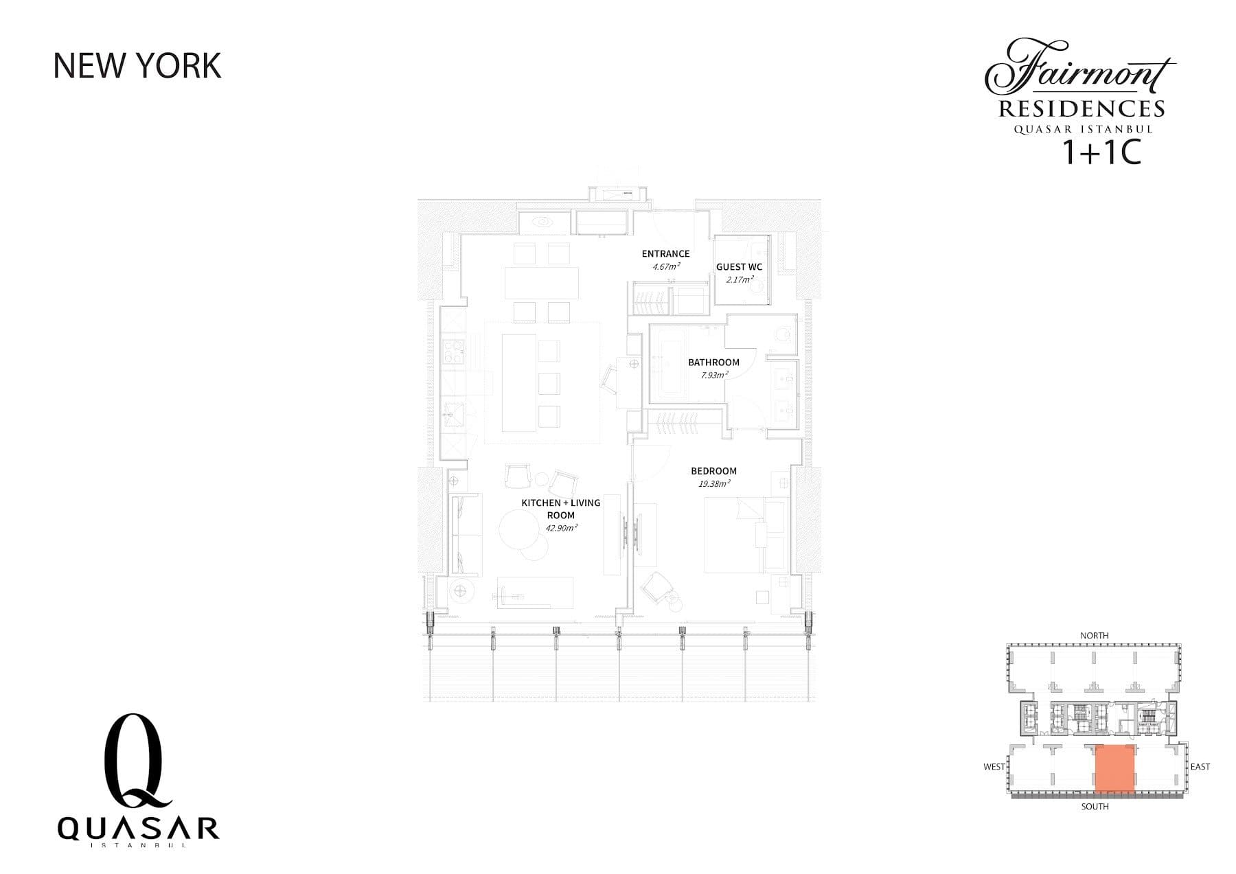 پروژه Fairmont Residences Quasar Istanbul – پلان 1+1 Type C, New York style