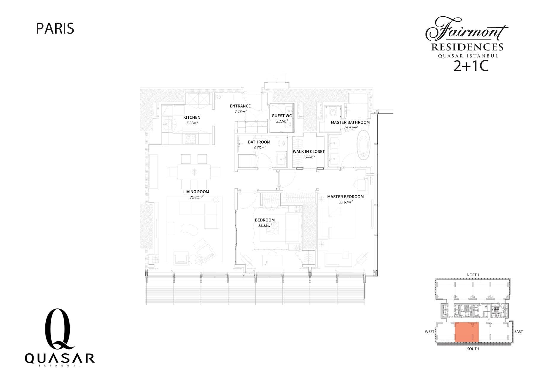 پروژه Fairmont Residences Quasar Istanbul – پلان 2+1 Type C, Paris style