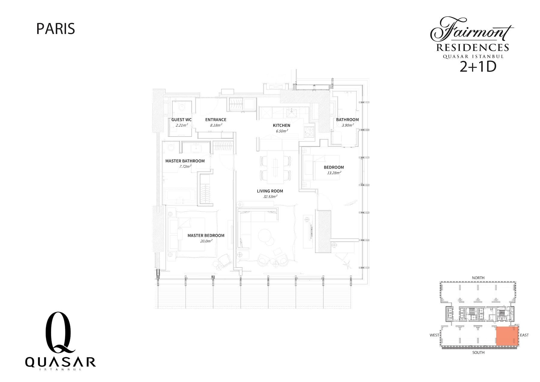 پروژه Fairmont Residences Quasar Istanbul – پلان 2+1 Type D, Paris style