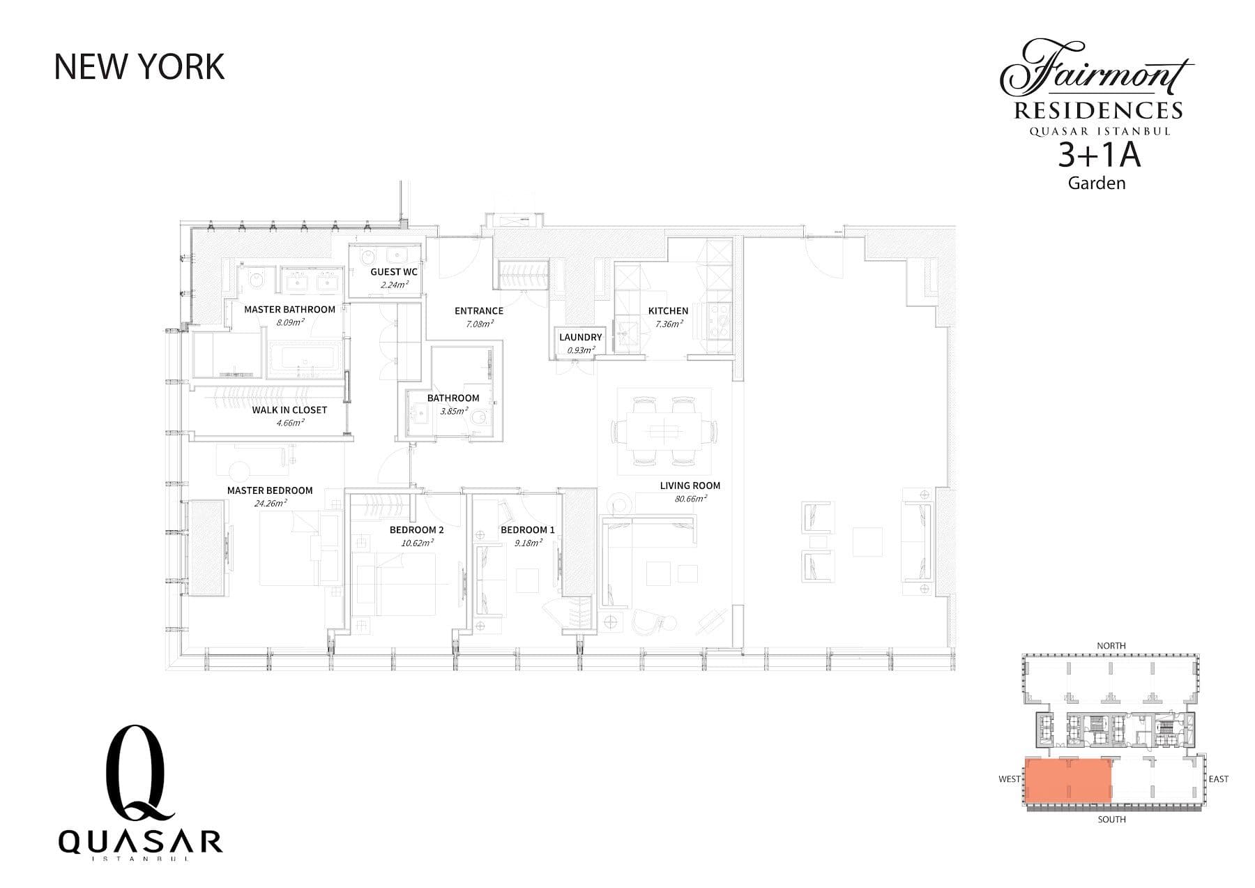 پروژه Fairmont Residences Quasar Istanbul – پلان 3+1 Type A Garden, New York style