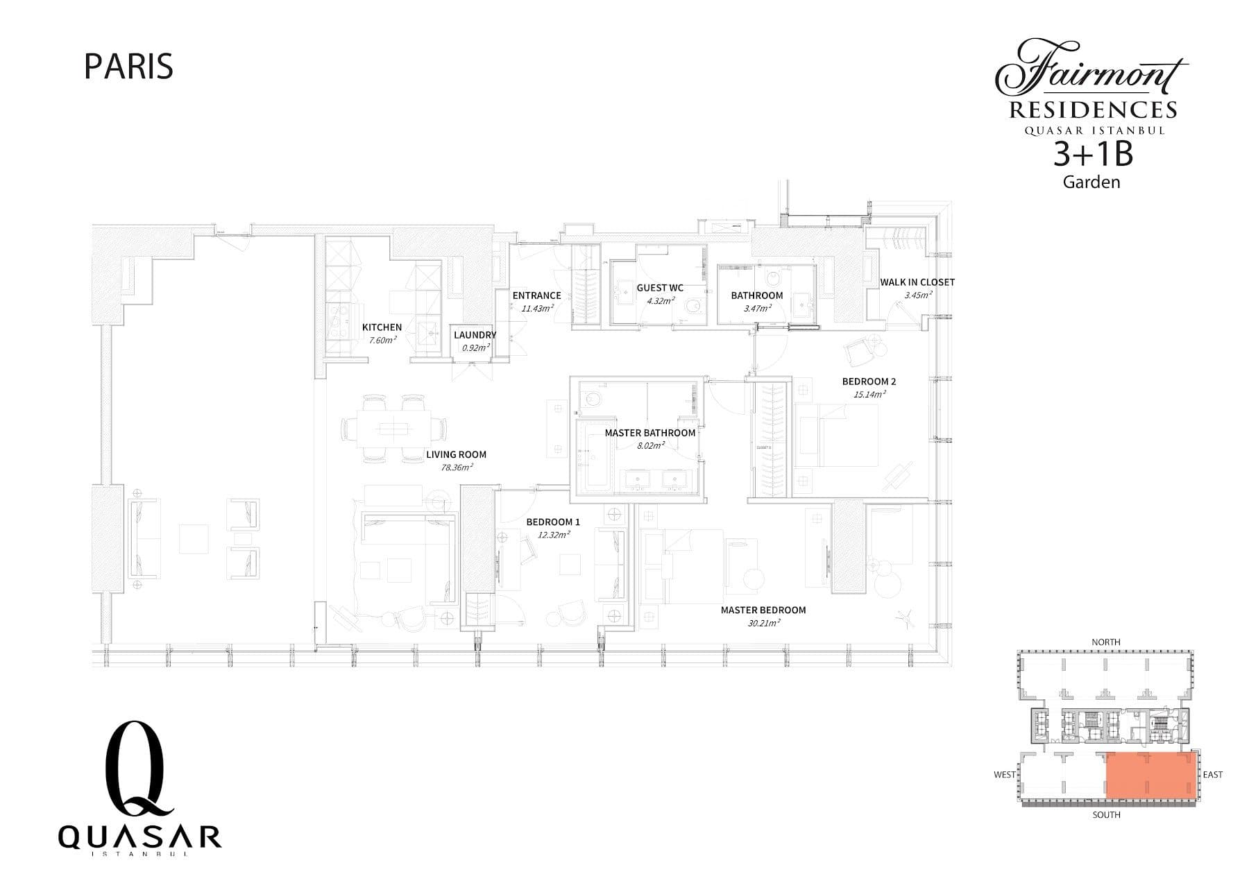 پروژه Fairmont Residences Quasar Istanbul – پلان 3+1 Type B Garden, Paris style (layout 1)