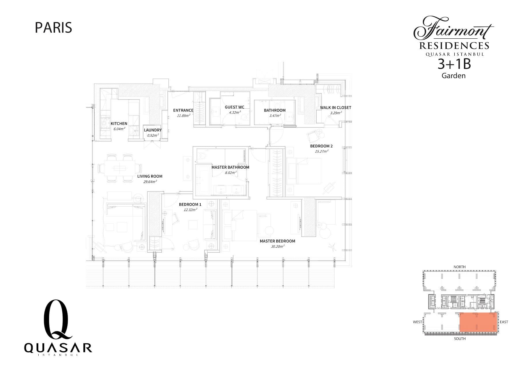 پروژه Fairmont Residences Quasar Istanbul – پلان 3+1 Type B Garden, Paris style (layout 2)