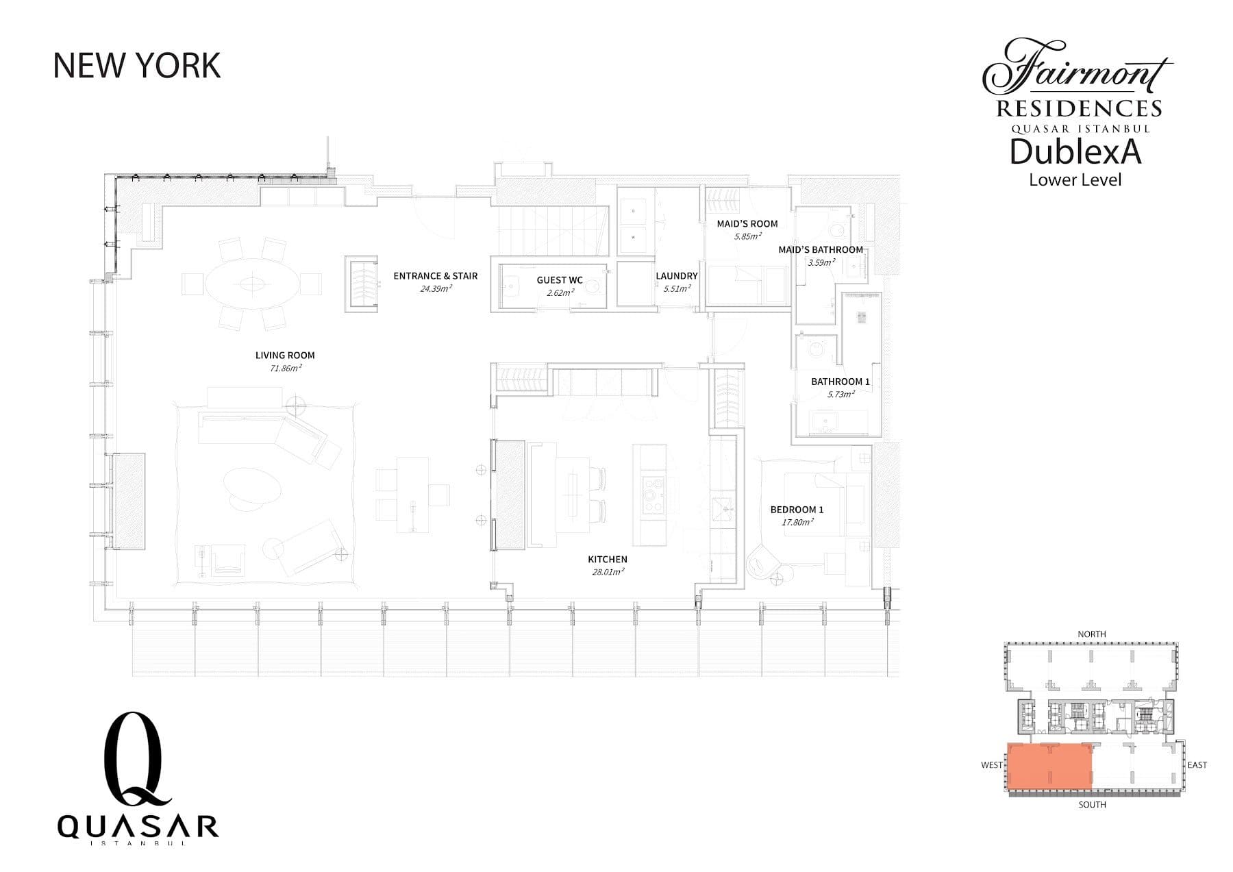 پروژه Fairmont Residences Quasar Istanbul – پلان 4+1 Duplex A, New York style, lower level