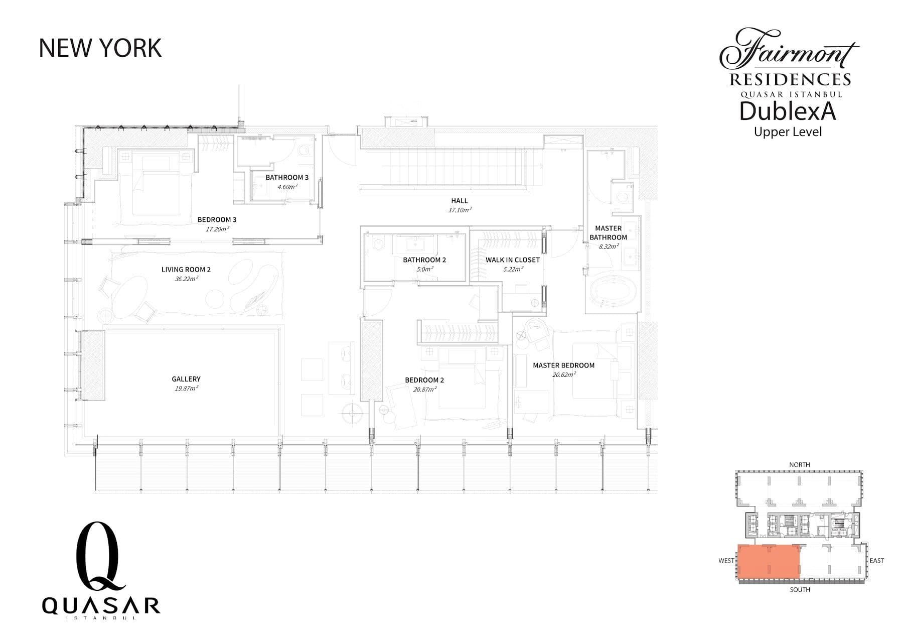 پروژه Fairmont Residences Quasar Istanbul – پلان 4+1 Duplex A, New York style, upper level