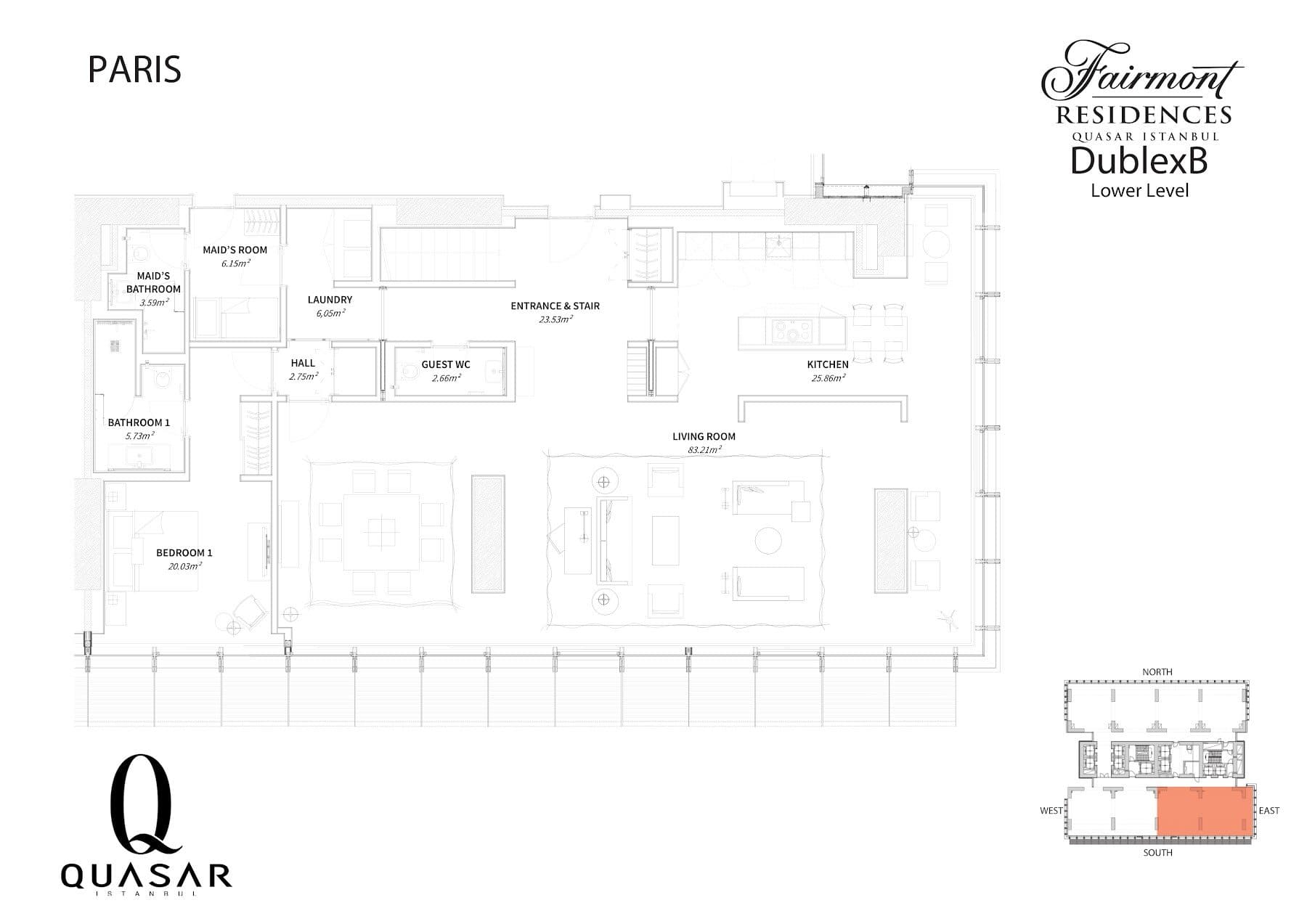 پروژه Fairmont Residences Quasar Istanbul – پلان 4+1 Duplex B, Paris style, lower level