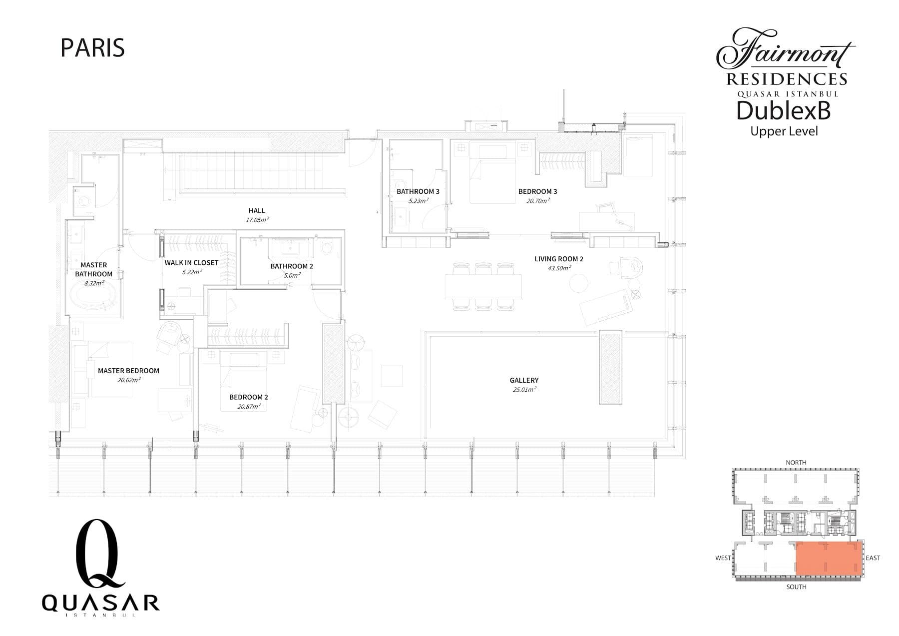 پروژه Fairmont Residences Quasar Istanbul – پلان 4+1 Duplex B, Paris style, upper level