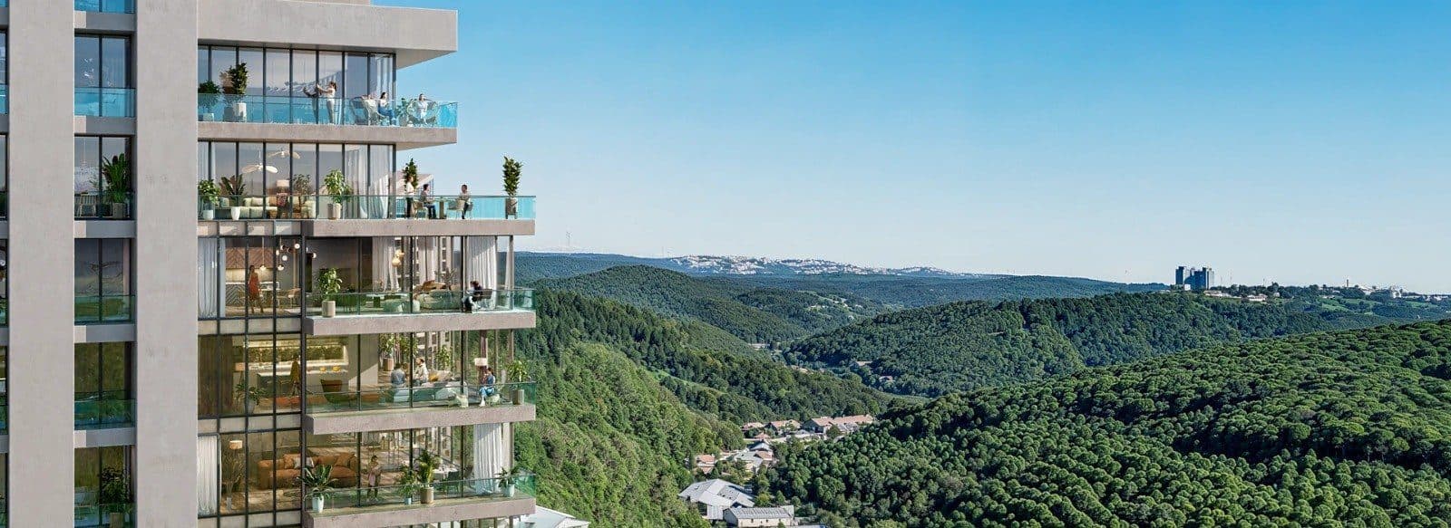 Rendering of a tower corner with glass-fronted balconies looking out over forested hills