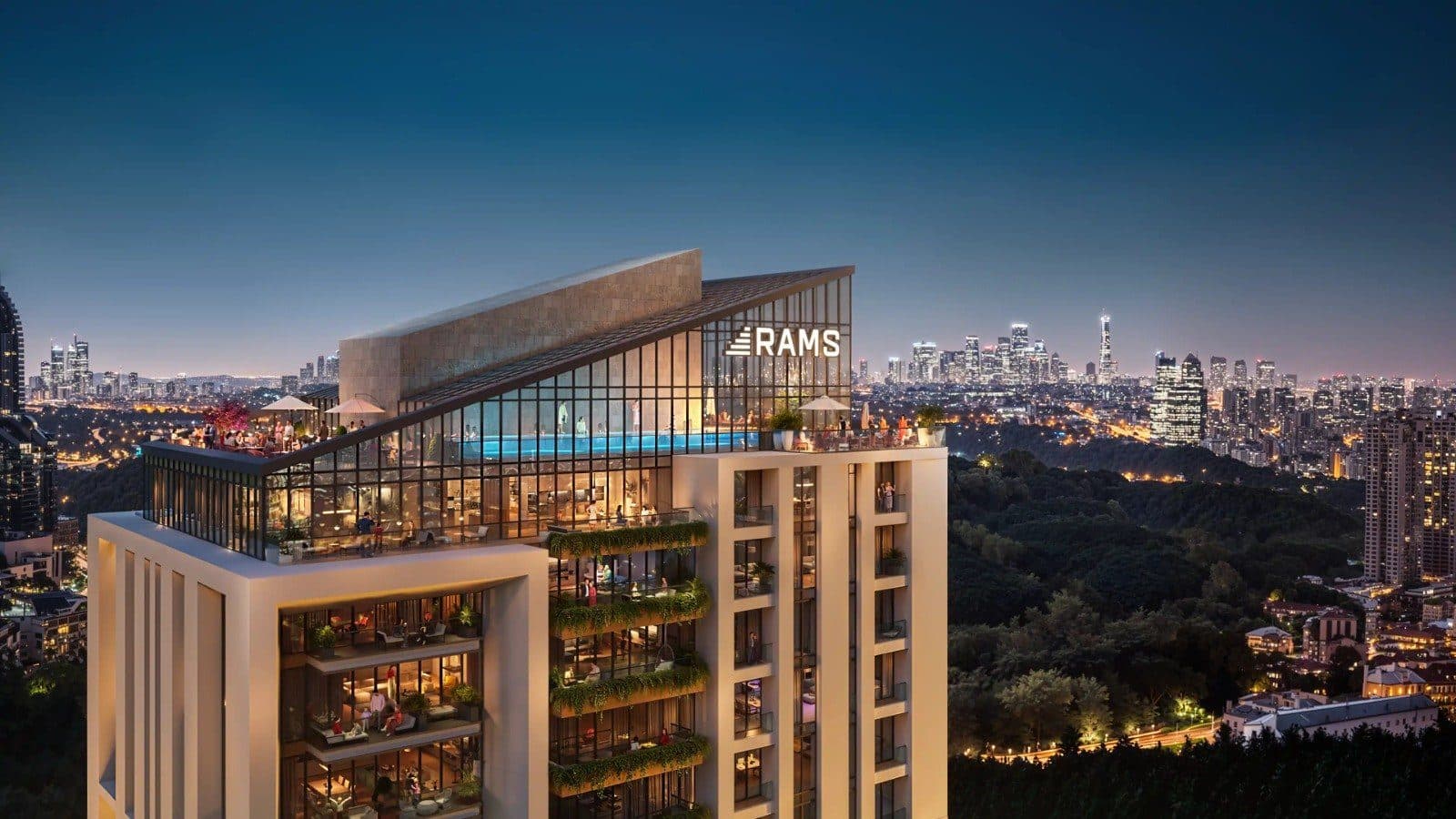 Rendering of the top of a tower at dusk, with a glass-roofed pool and terrace level and the lit Maslak skyline behind